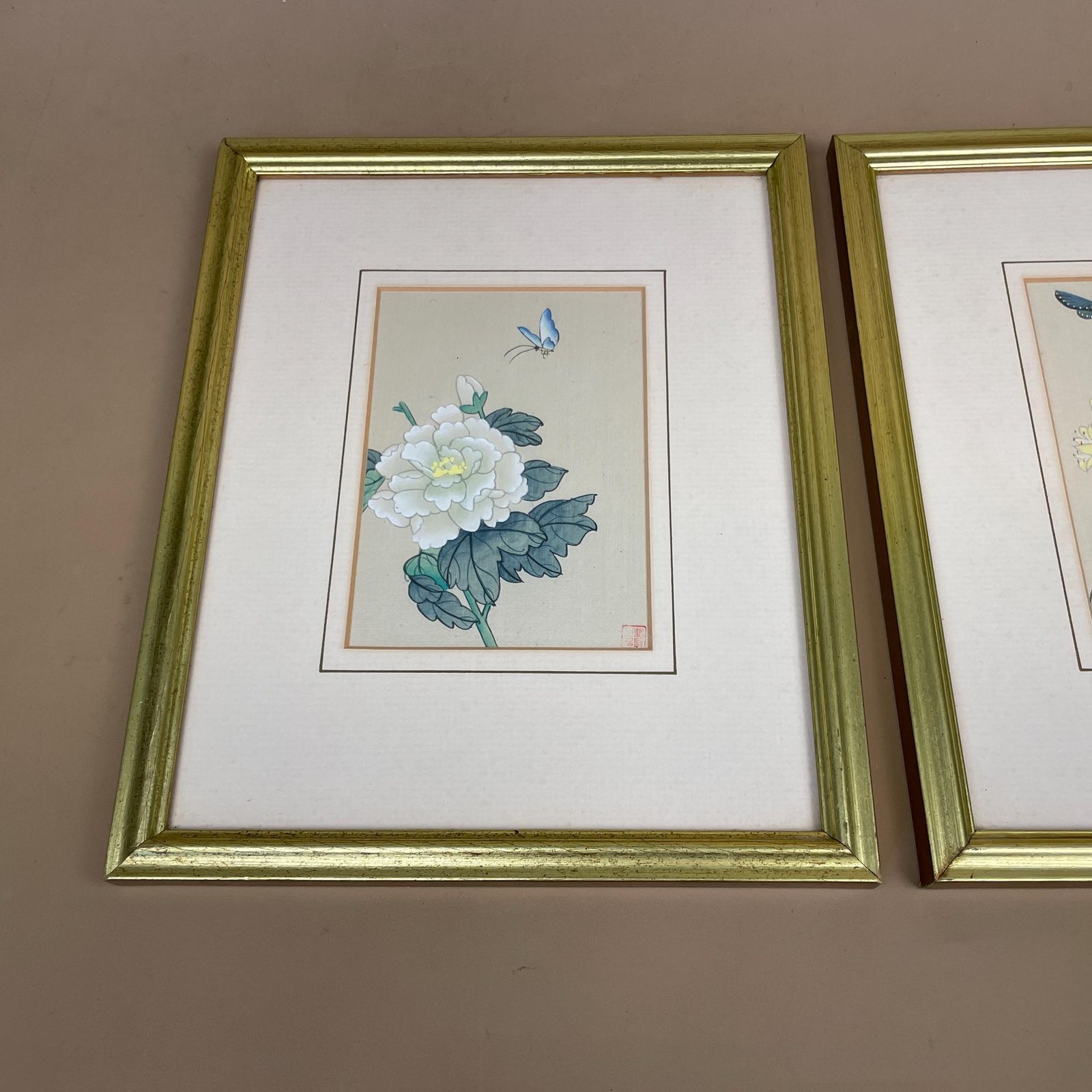 Butterfly Floral Silk Art Painting Pair Small Gold Wood Frame Botanical Flower Pictures Oriental Wall Decor Asian Hand Painted photo for sale