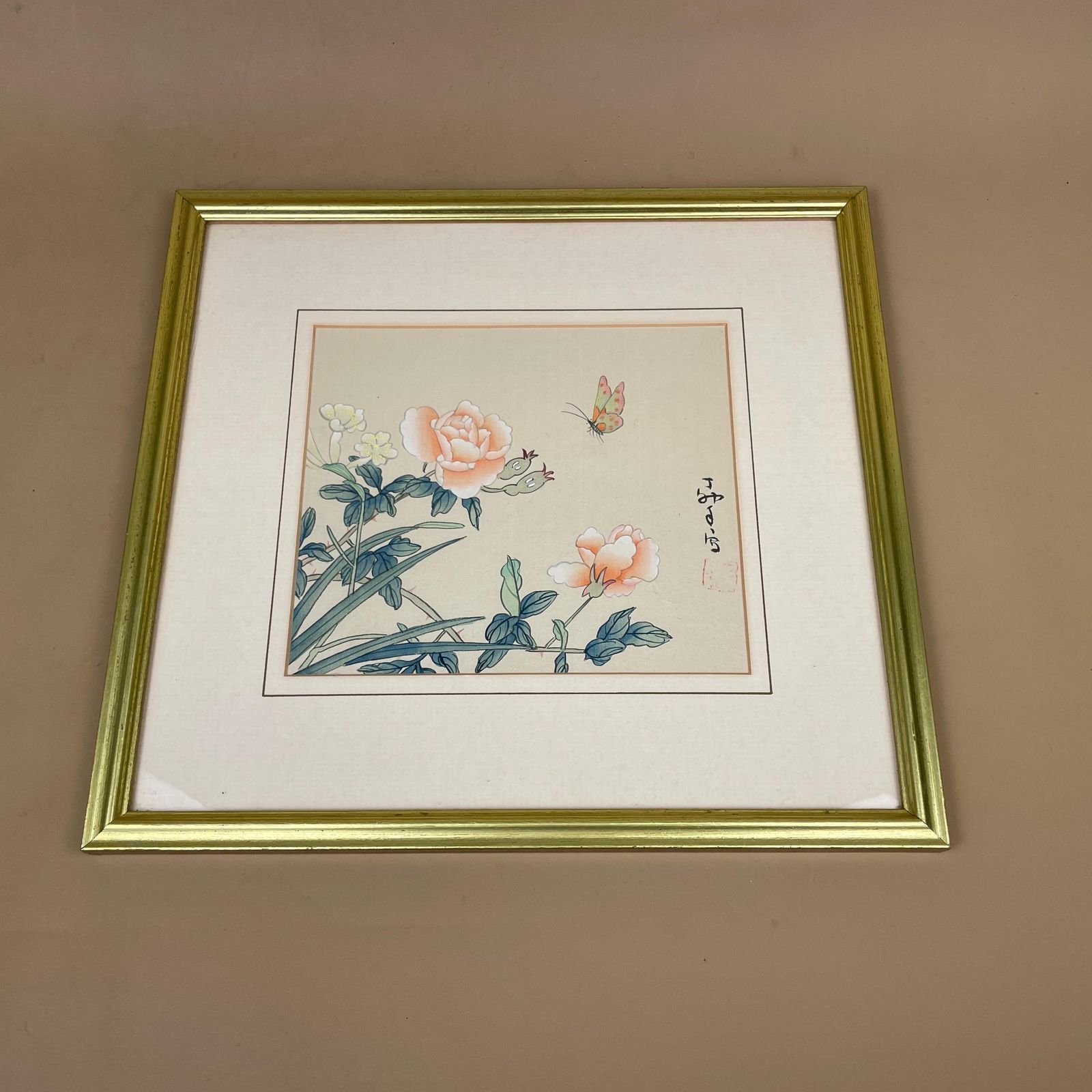 Butterly Flower Picture Hand Painted On Silk Oriental Art Gold Wood Frame Botanical Artwork Chinese Asian Style