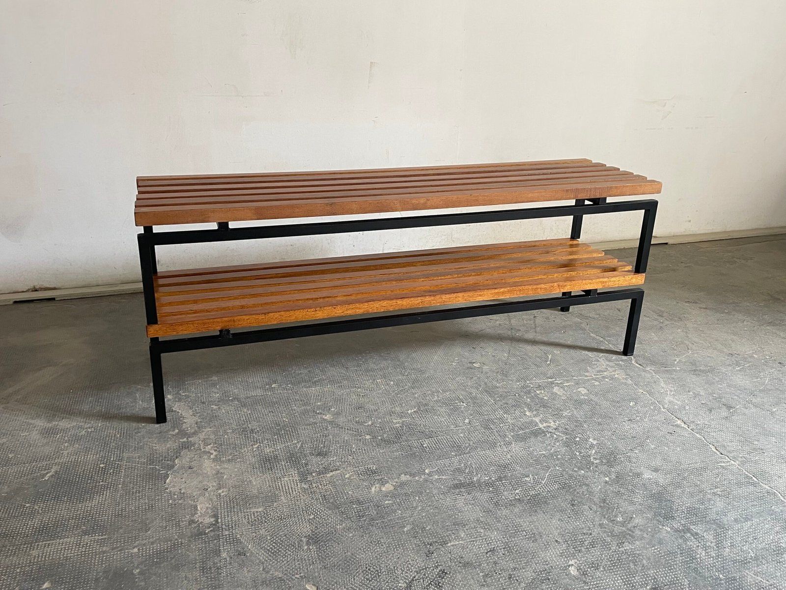 Set Of Four Bench, Solid Oak Wood And Iron Legs, Perriand Style, France 1970s photo Furniture