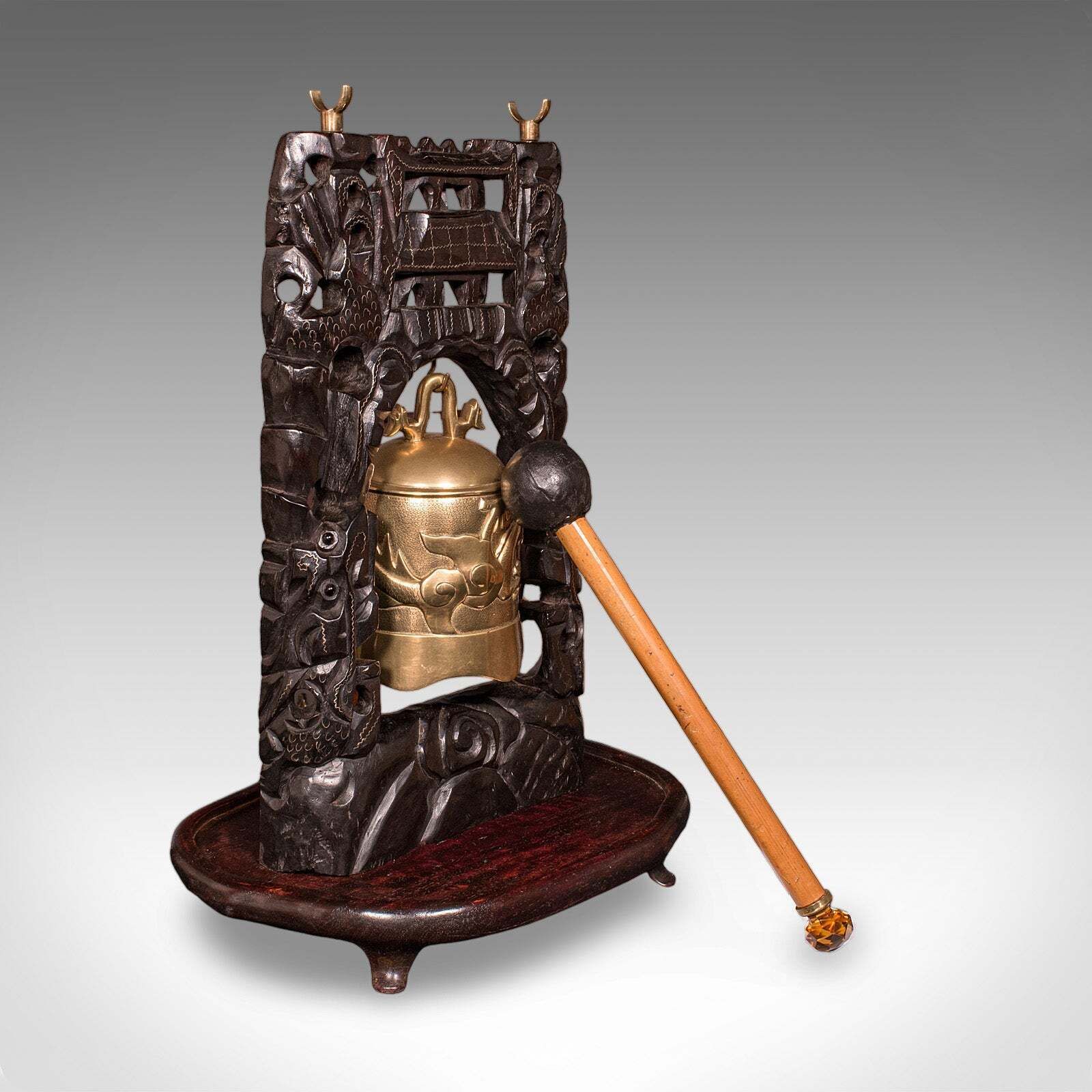 Antique Tea Ceremony Gong, Oriental, Carved Stand, Brass Bell, Edwardian, C.1910 photo furniture