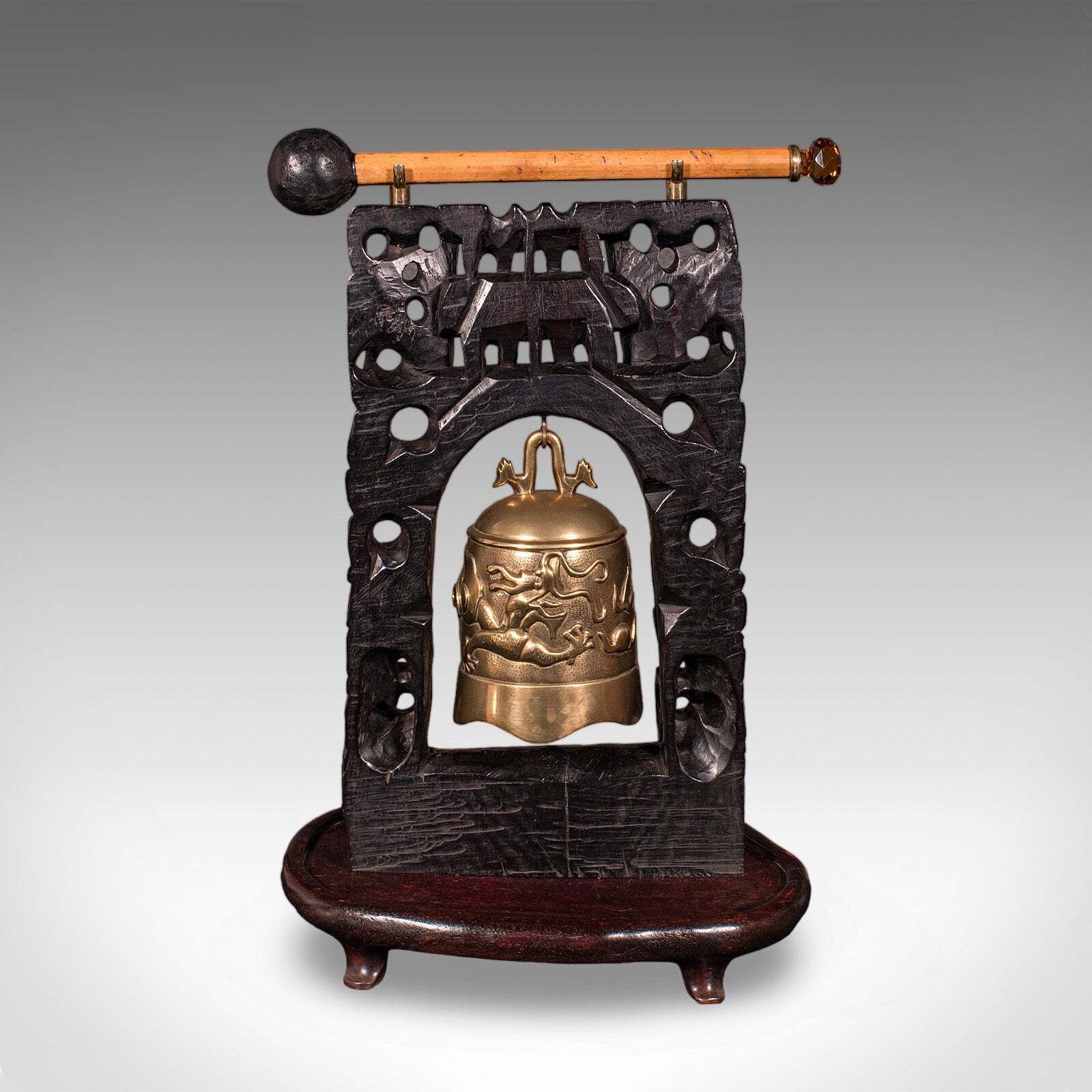 Antique Tea Ceremony Gong, Oriental, Carved Stand, Brass Bell, Edwardian, C.1910 photo 994.0