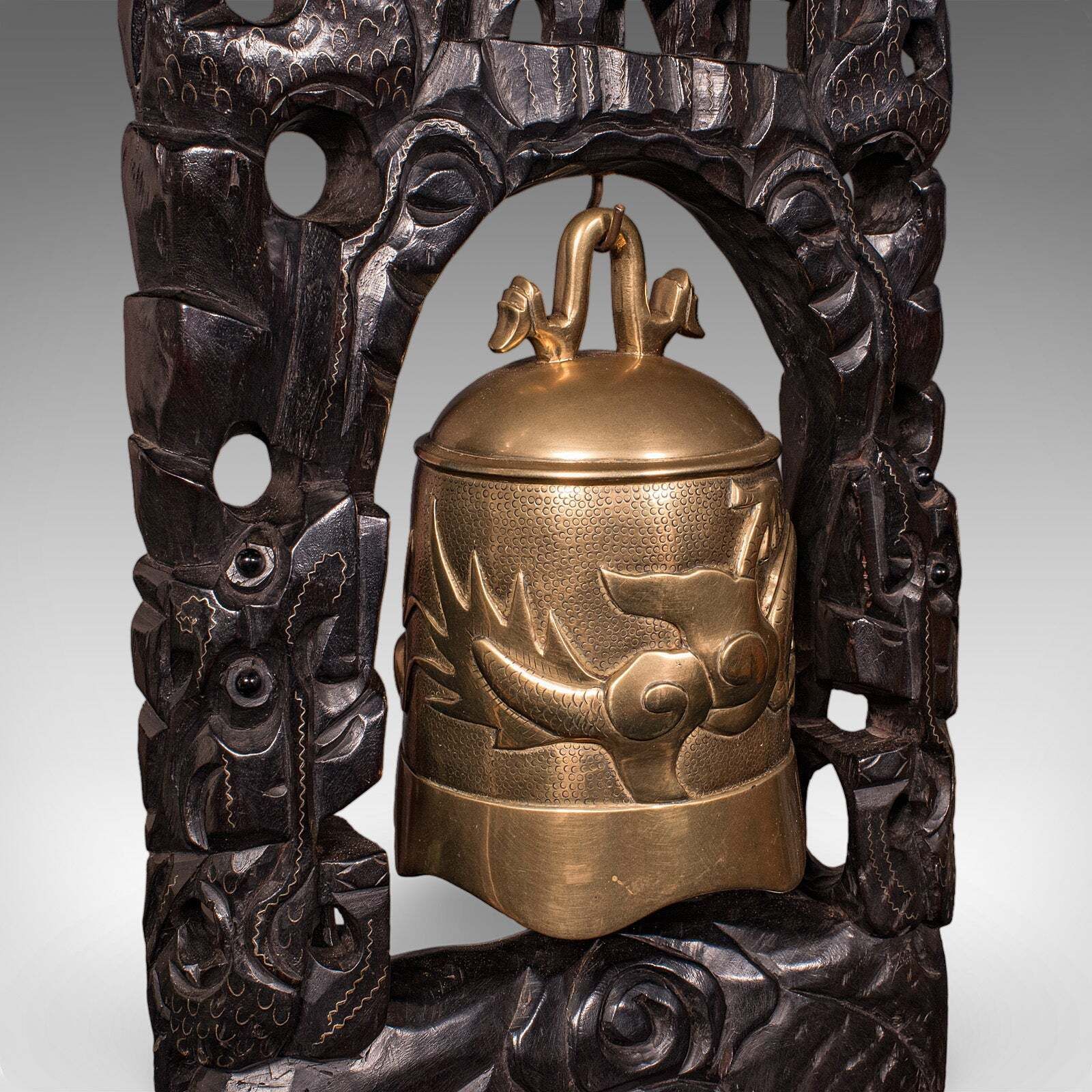photo furniture Antique Tea Ceremony Gong, Oriental, Carved Stand, Brass Bell, Edwardian, C.1910