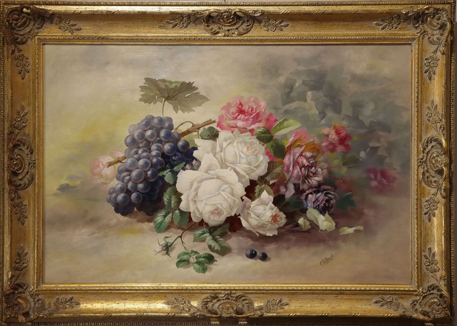 Fine Still Life Of Flowers And Grapes, Oil On Canvas Signed C. B. Brough