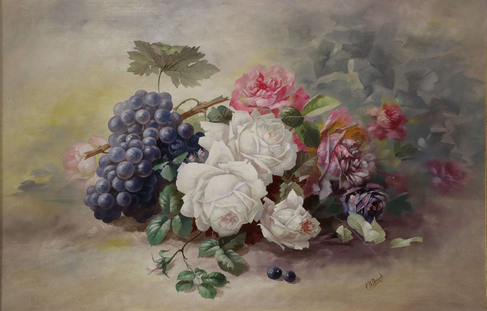 Fine Still Life Of Flowers And Grapes, Oil On Canvas Signed C. B. Brough photo furniture