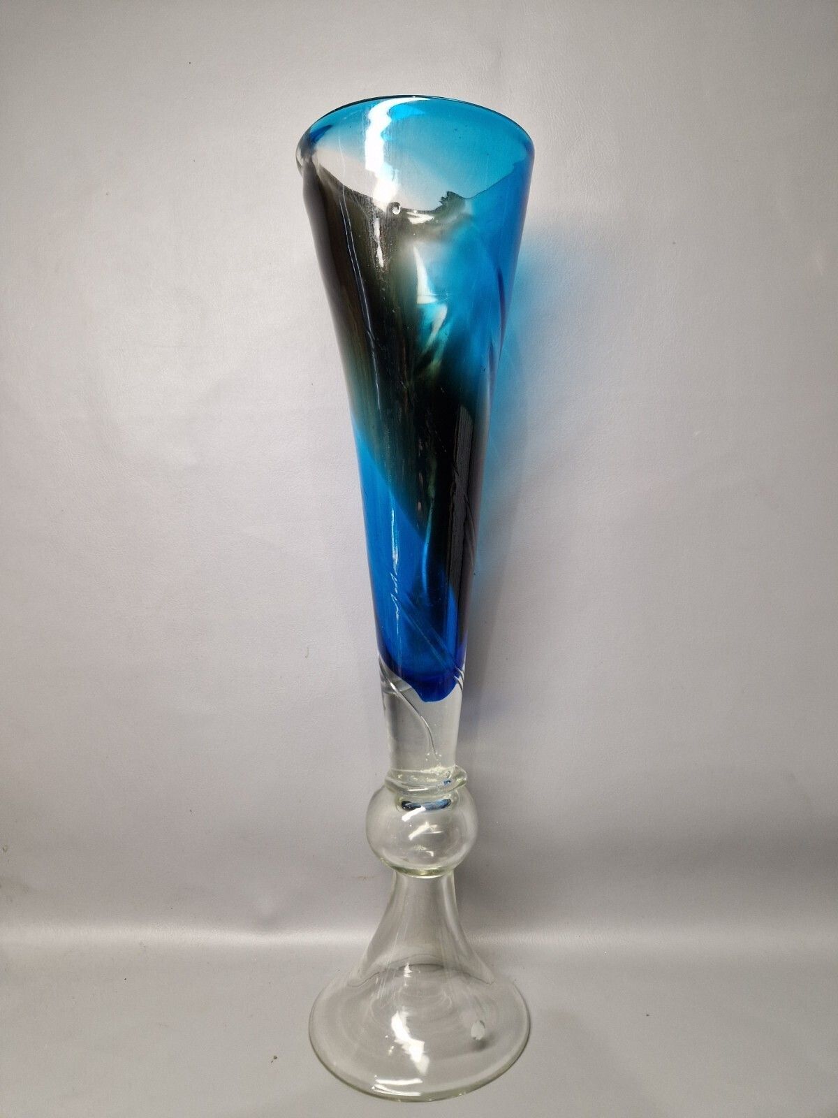 Tall Blue Swirl Art Glass Trumpet Vase Murano With Sticker Retro Glass photo 60.0