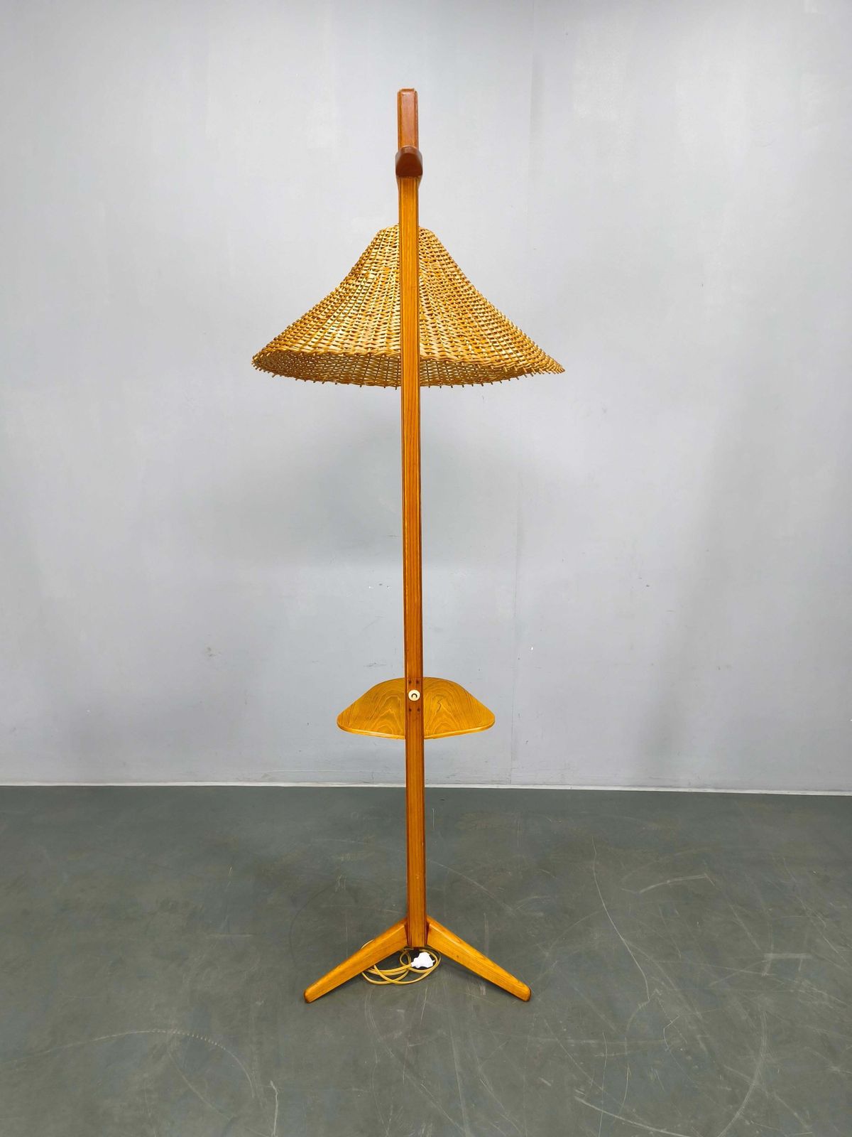 Mid Century Floor Lamp With Rattan Shade, Czechoslovakia, 1960s photo Lighting