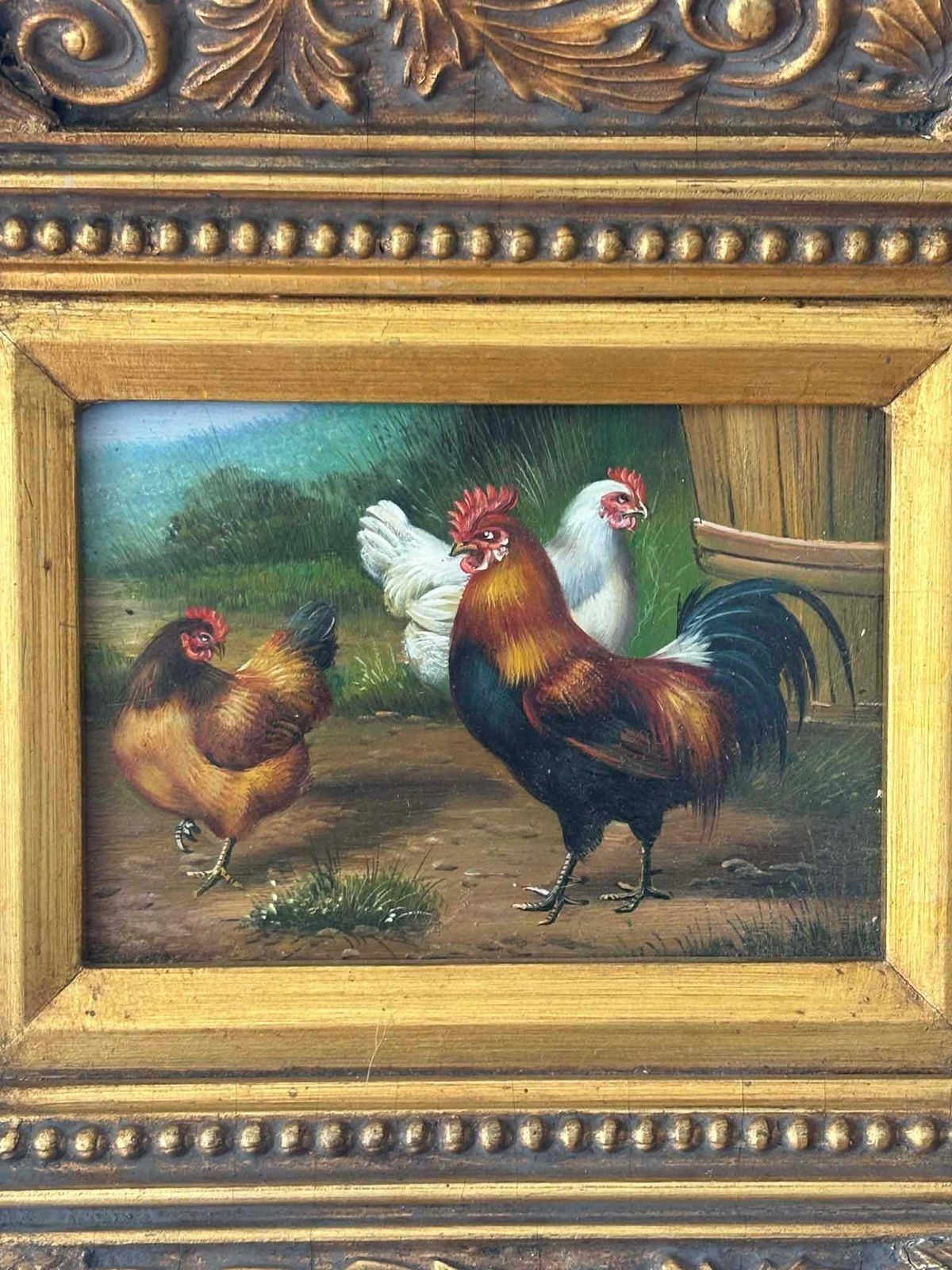 Antique Rooster Oil Painting In Ornate Gold Frame Vintage Farmhouse Kitchen Wall Art Chicken Painting photo furniture
