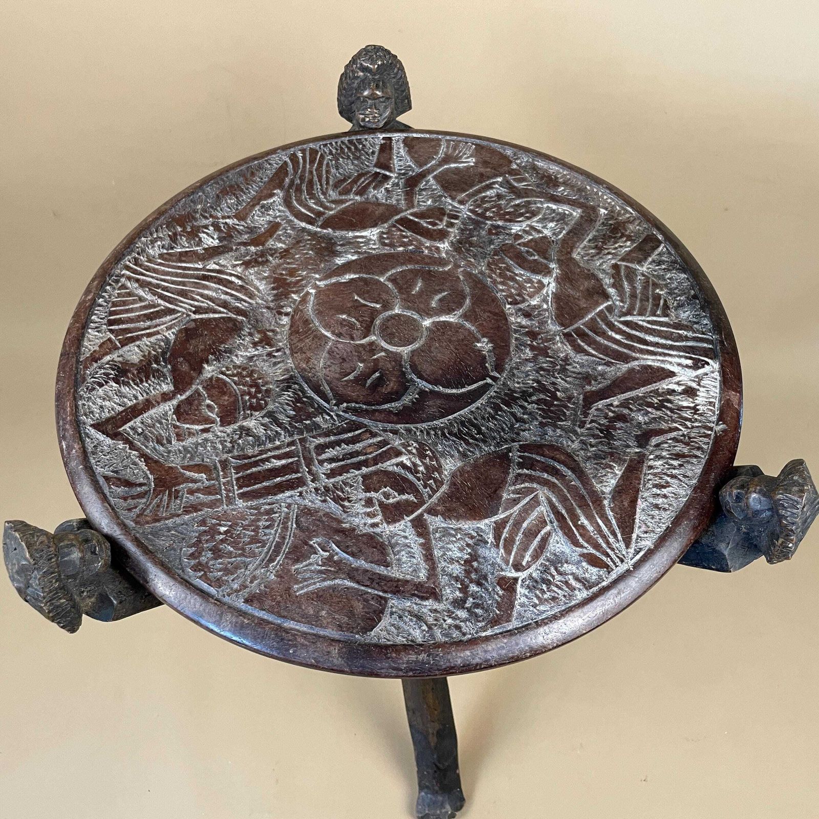 Antique Round Wooden African Handmade Table Wood Furniture Circle Brown Hallway Plant Stand Patterned 37.5x35cm Vintage Engraved Fold Down photo vinterior