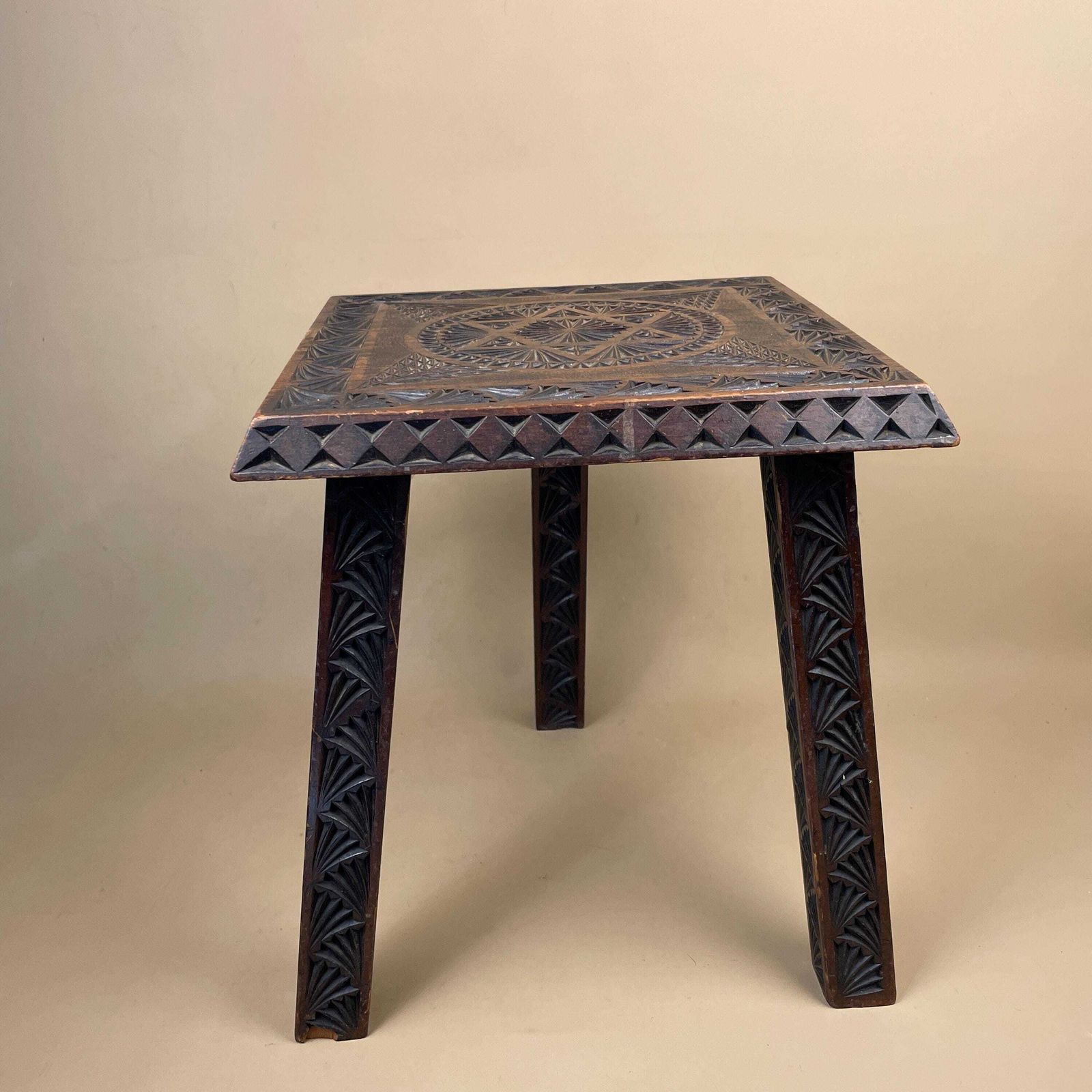 Hand Carved Wooden End Table Patterned Handcrafted Top Square Brown Table Vintage Decor Country Cottage Furniture Tripod Pattern 3 Legs Side photo buy