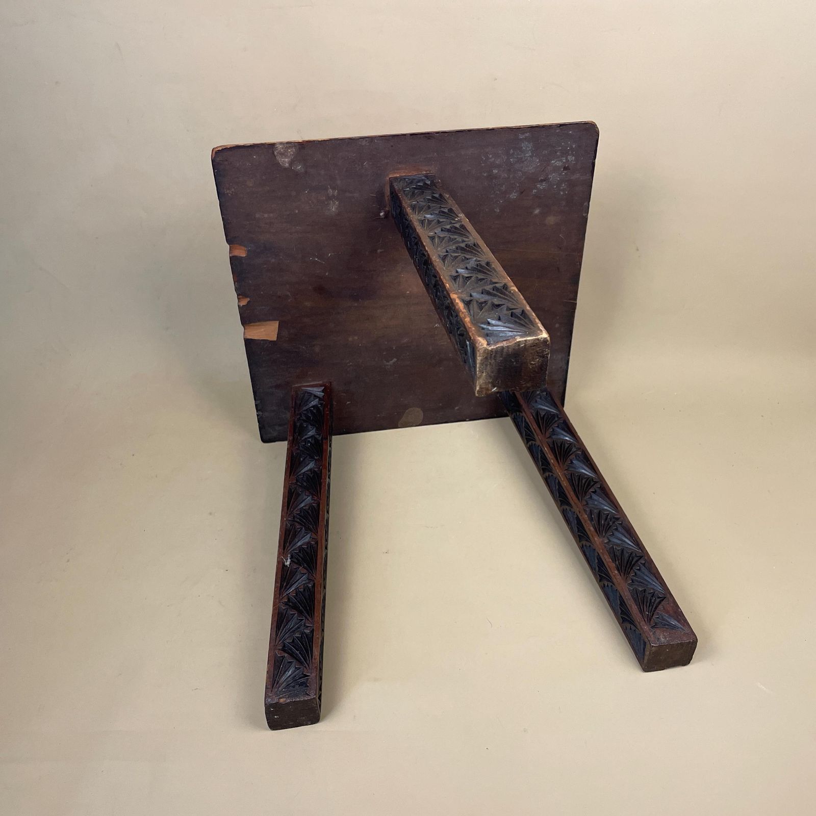 photo for sale Hand Carved Wooden End Table Patterned Handcrafted Top Square Brown Table Vintage Decor Country Cottage Furniture Tripod Pattern 3 Legs Side