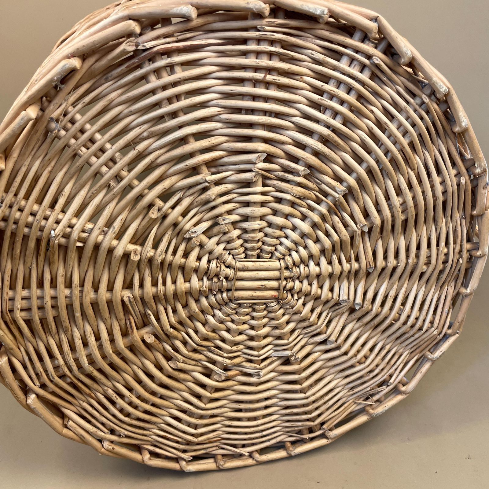Home Decor Vintage Round Basket Woven Wicker Brown Antique Cylinder Storage Farmhouse Cottage Decor Laundry Cane Wood Logs Fireplace Pale Striped photo