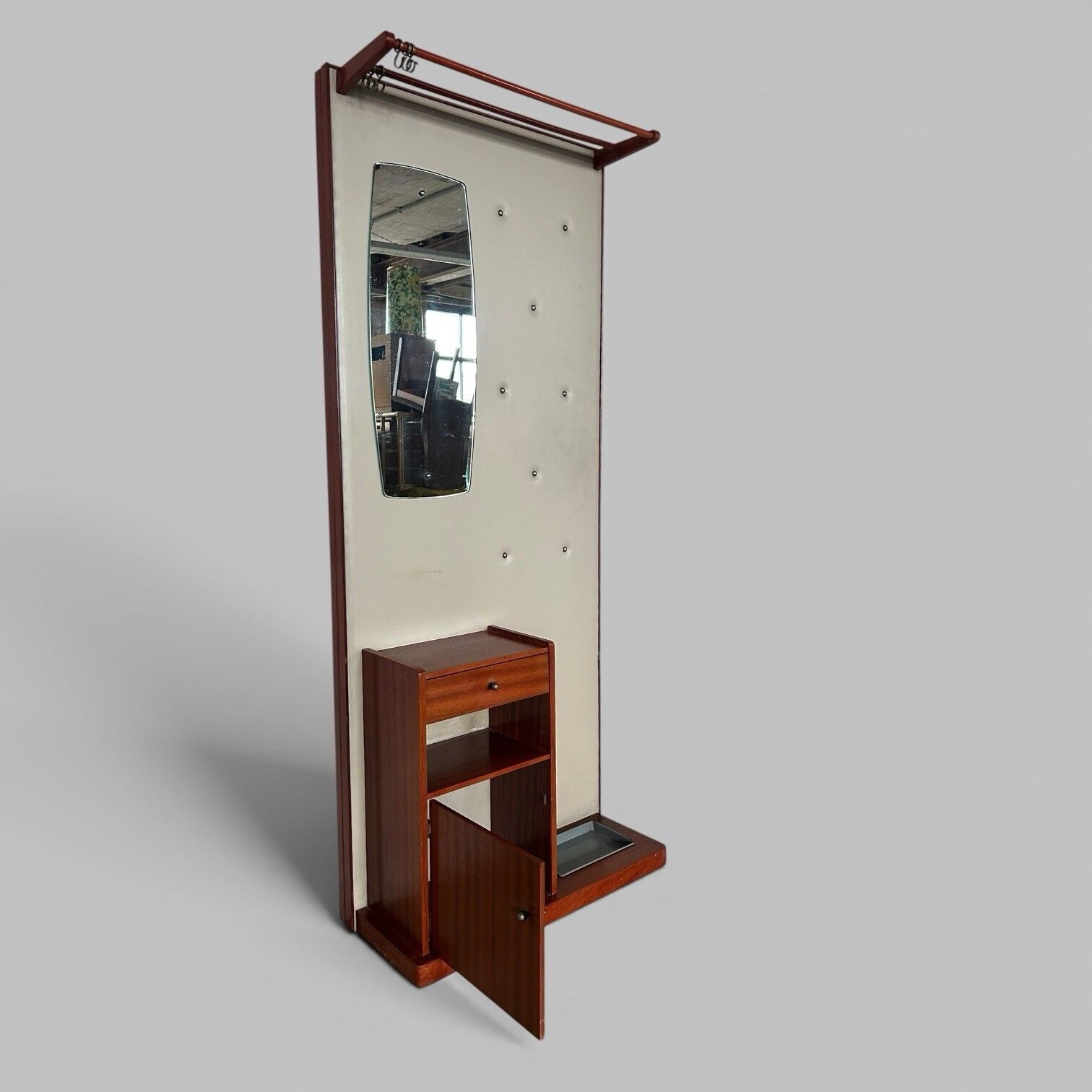 1960s Teak Hall Stand – Mirror Back With Drawer, Cupboard And Umbrella Tray photo furniture