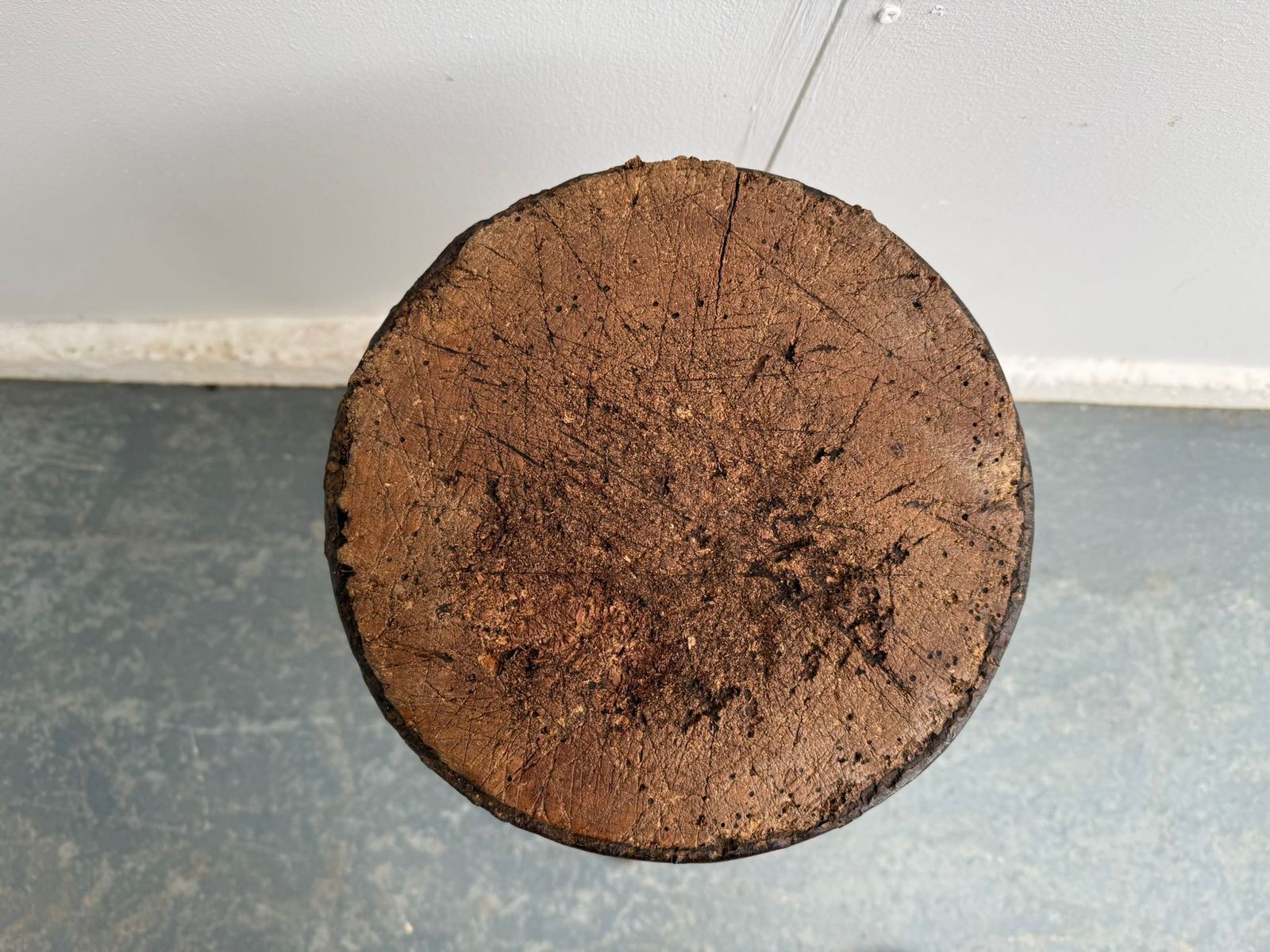 A Stunning Original Hungarian Circular Tripod Hardwood Butchers Block photo vinterior