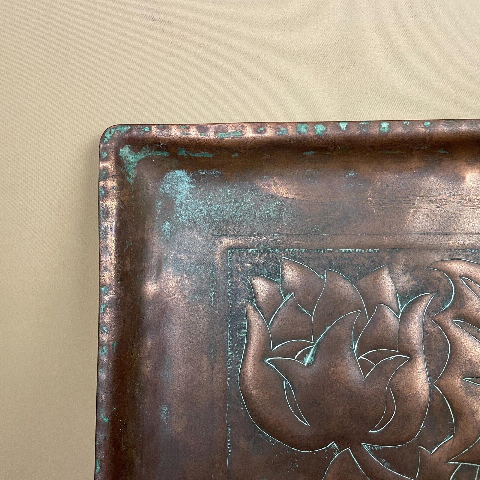 photo furniture Art Nouveau Antique Metal Copper Tray Square Shape Plate Handmade Art Intricate Vintage Decorative Traditional Serving Display Patterned