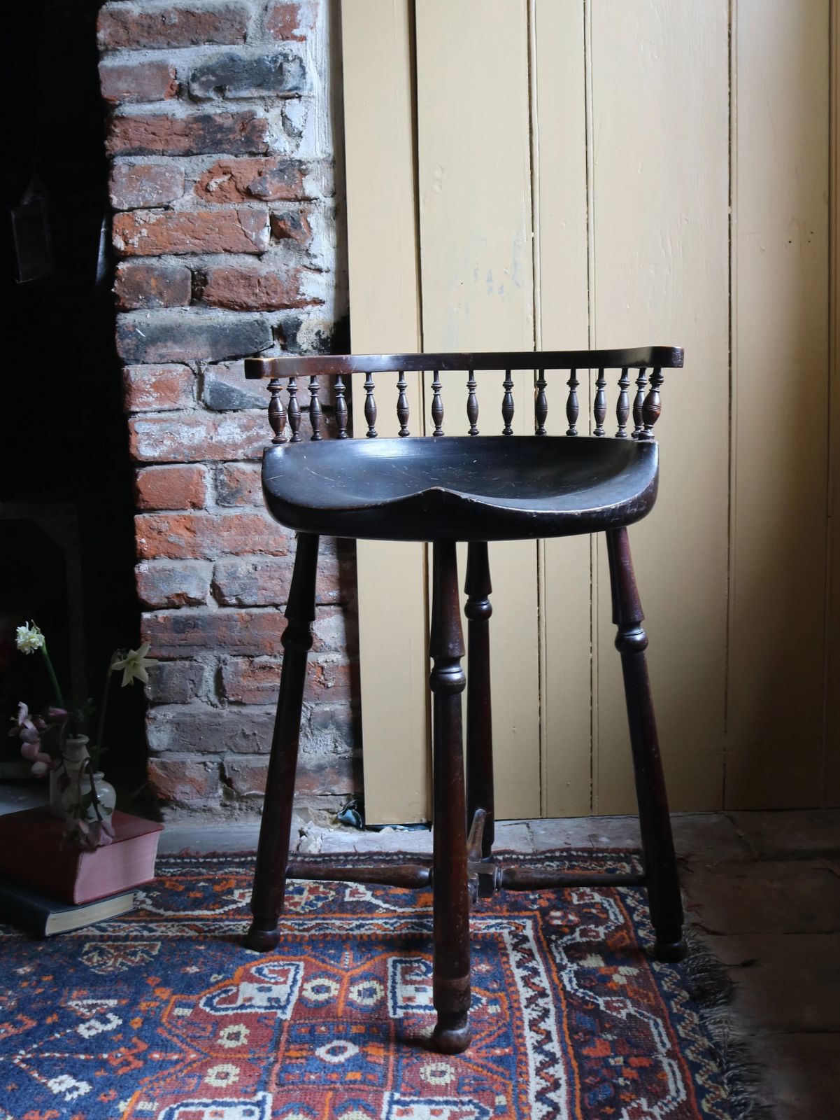 19th Century English Antique Dish Seat Stool With Spindle Gallery photo for sale