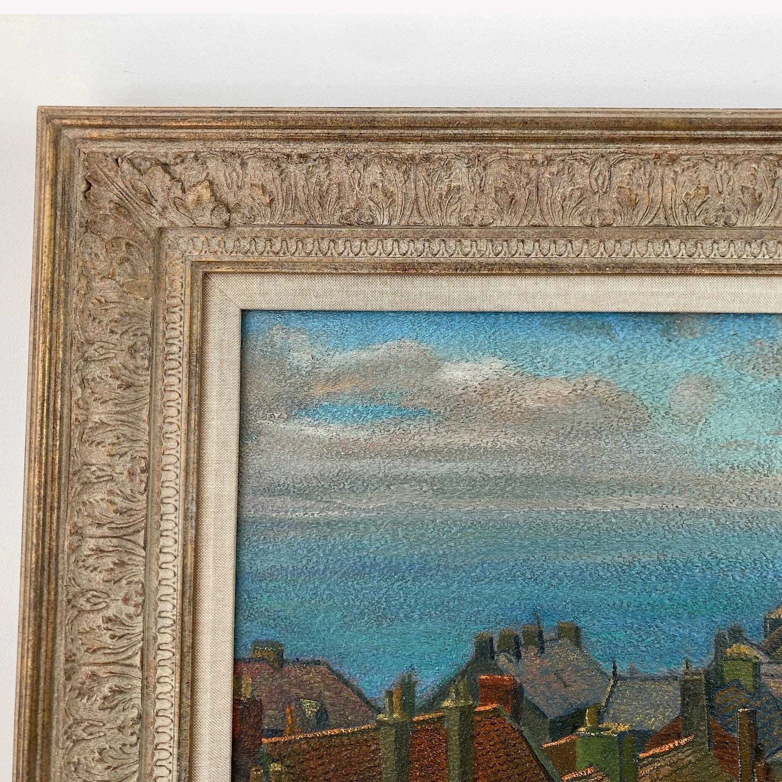 Rooftops To The Sea – British Vintage Oil On Board Framed Painting photo vinterior