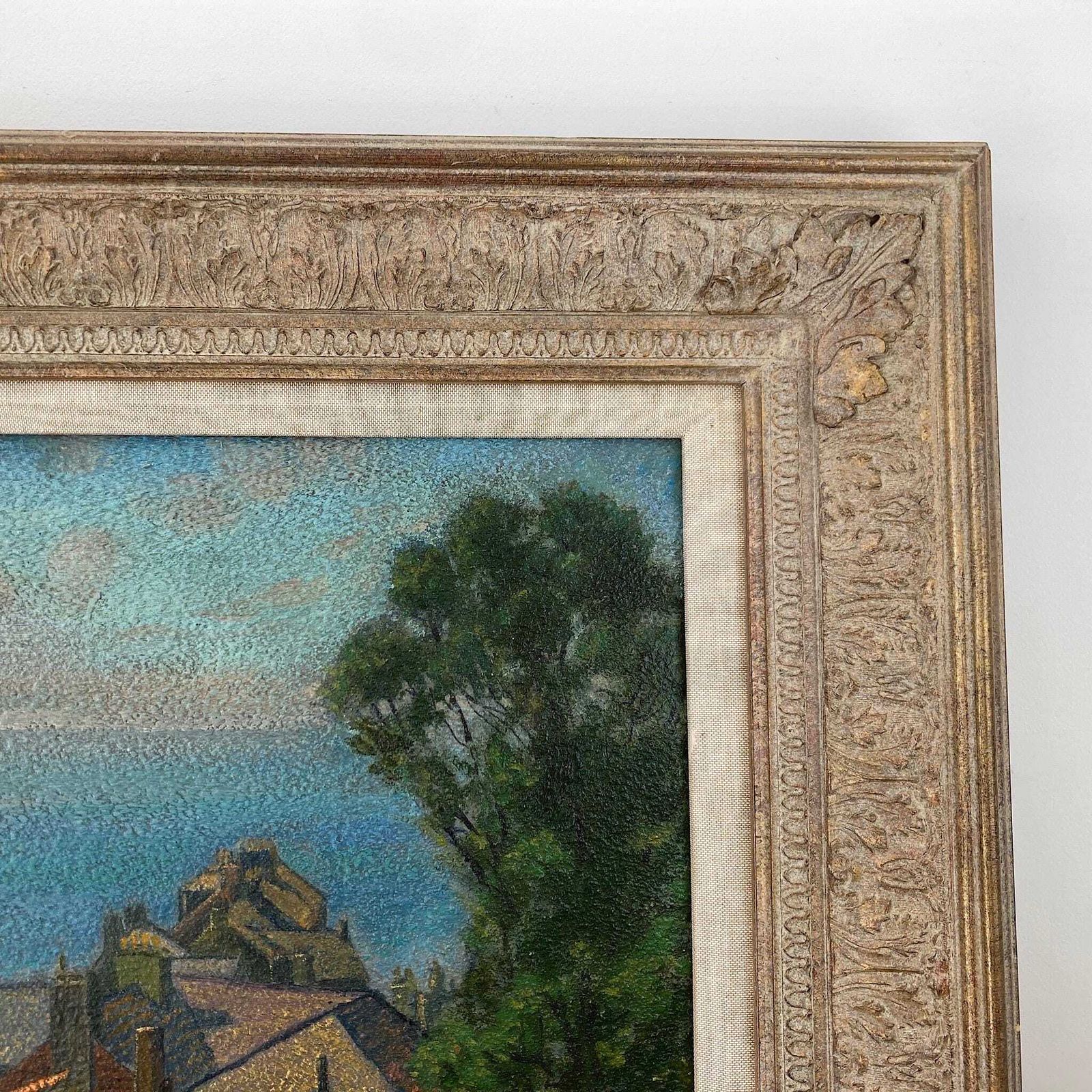 Rooftops To The Sea – British Vintage Oil On Board Framed Painting photo buy