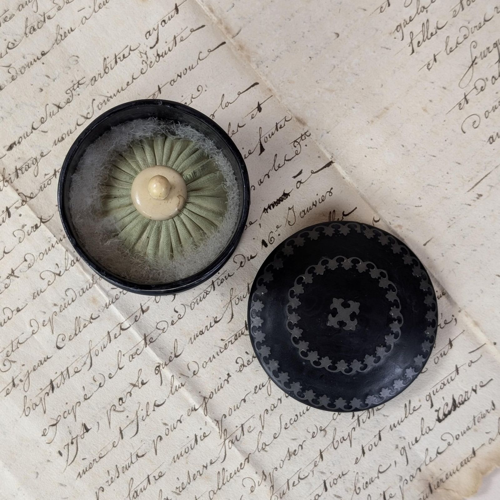 photo furniture Antique French Powder Box Original Puff, Ebonized Paper Mache Metal Inlay Vanity Jar, 19th Century French Boudoir Piece