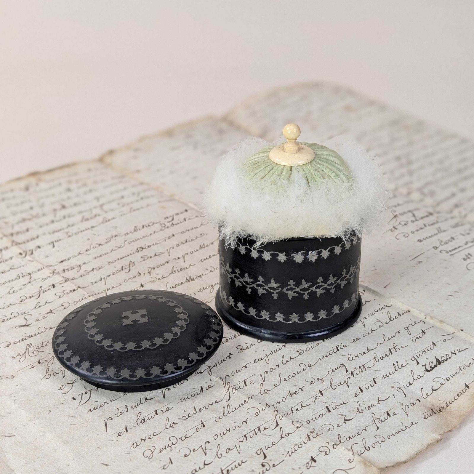photo for sale Antique French Powder Box Original Puff, Ebonized Paper Mache Metal Inlay Vanity Jar, 19th Century French Boudoir Piece