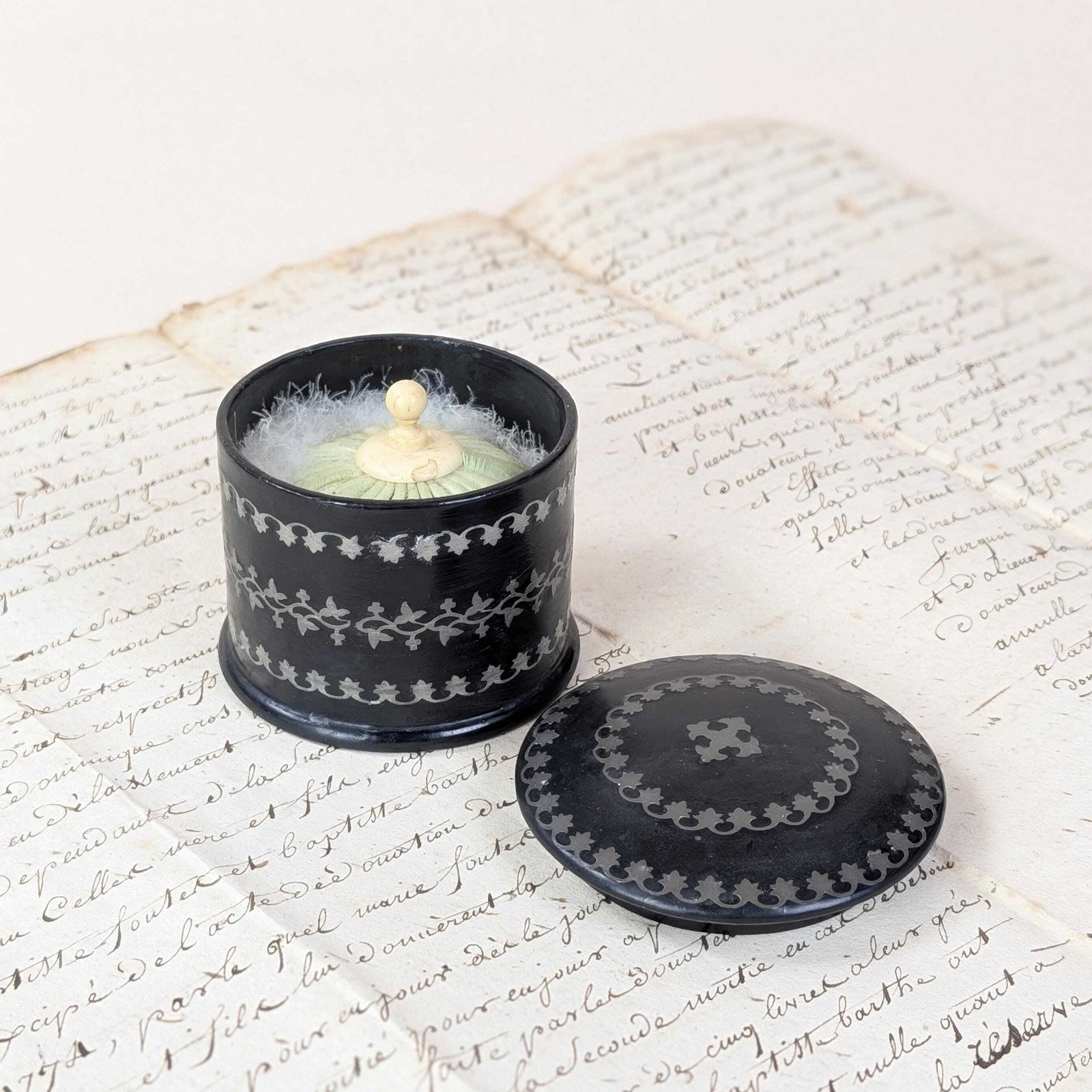 Home Decor Antique French Powder Box Original Puff, Ebonized Paper Mache Metal Inlay Vanity Jar, 19th Century French Boudoir Piece photo
