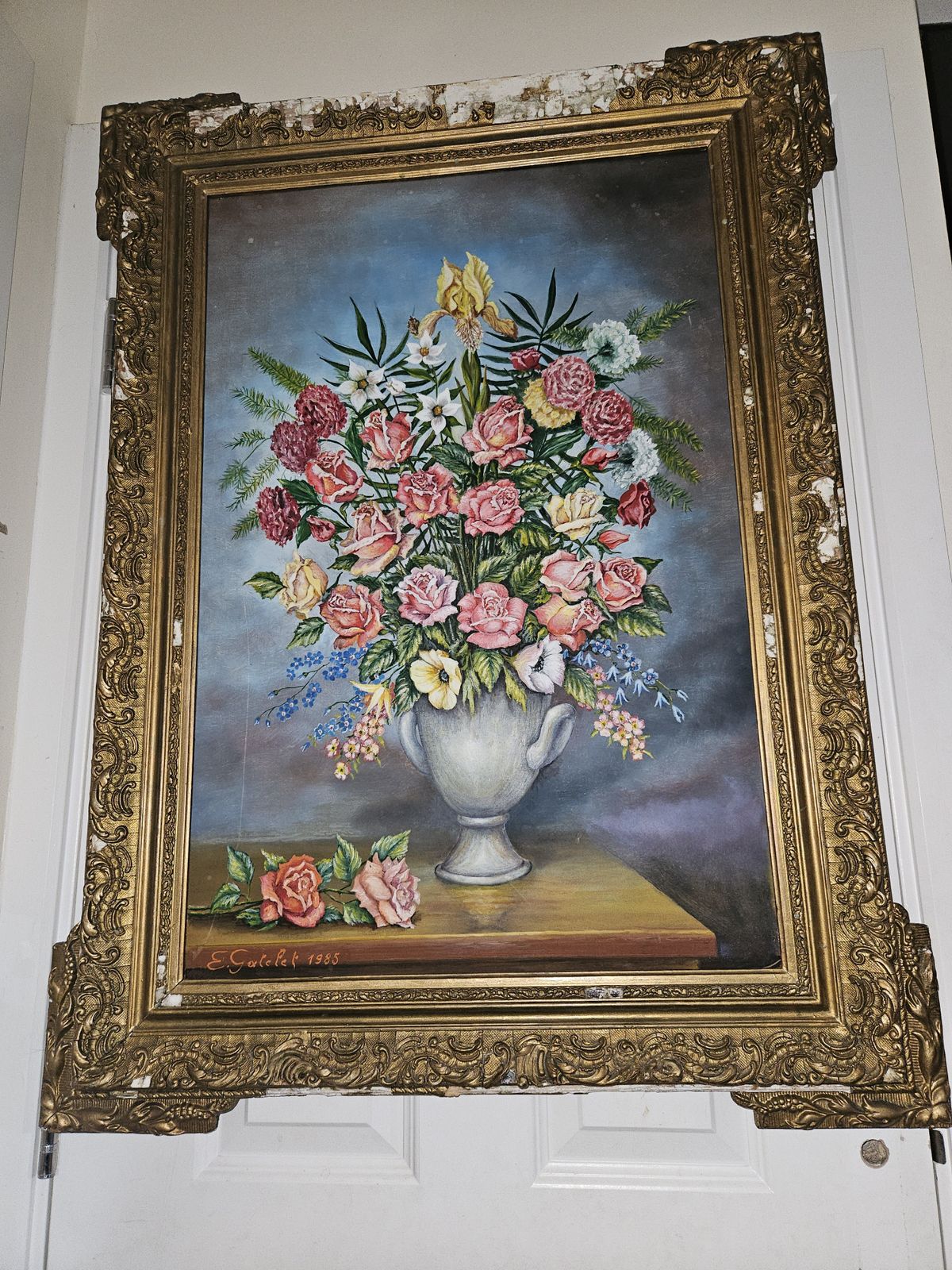 Original 20th Century French Oil Painting On Board  Floral Gold Giltwood Frame.