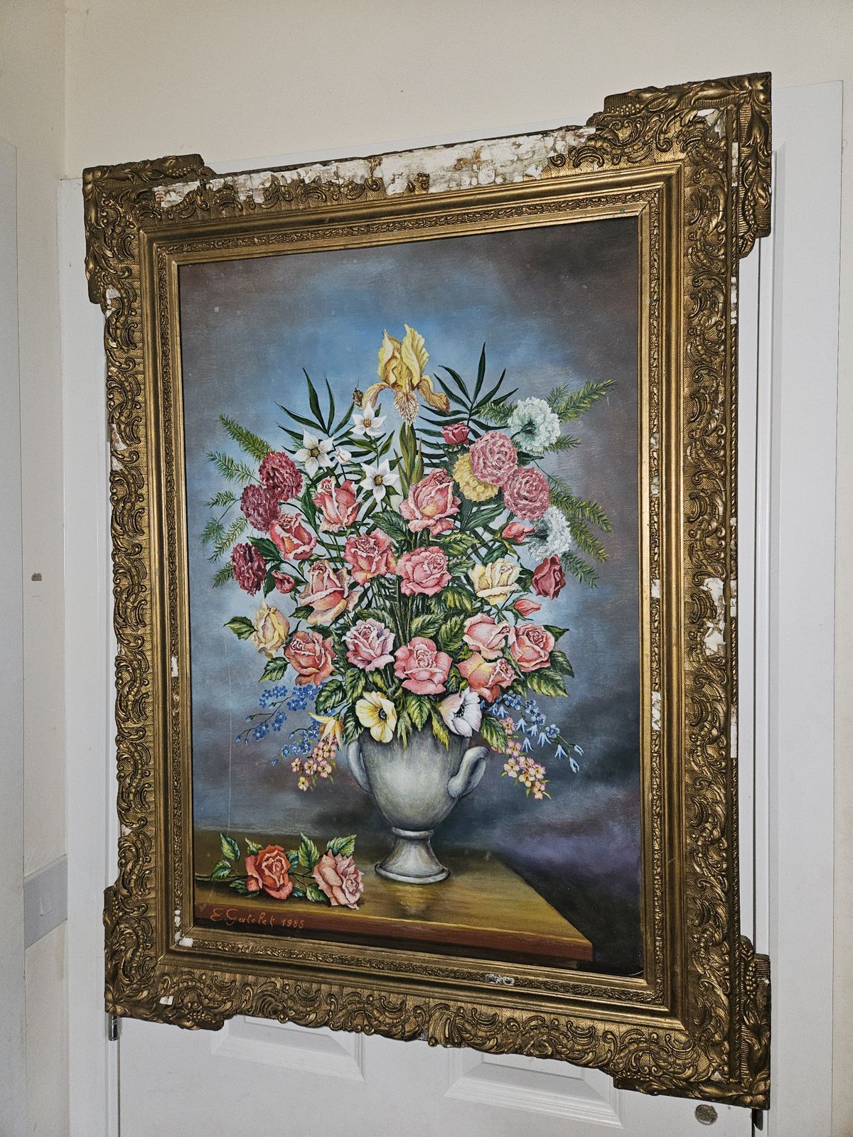 Original 20th Century French Oil Painting On Board  Floral Gold Giltwood Frame. photo furniture