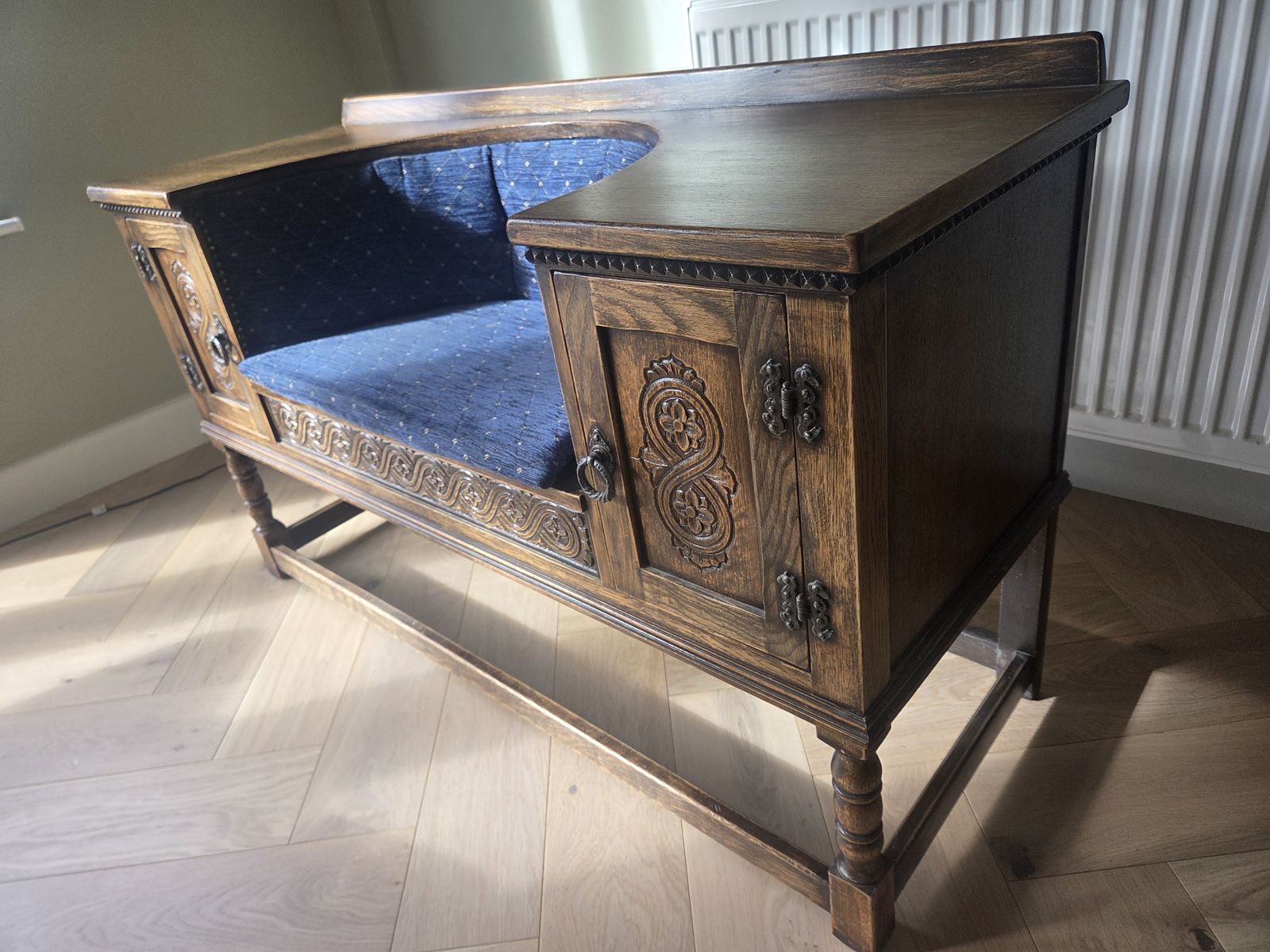 Jaycee Sovereign Oak Hall Bench – Large Gothic Revival Gossip Seat photo for sale