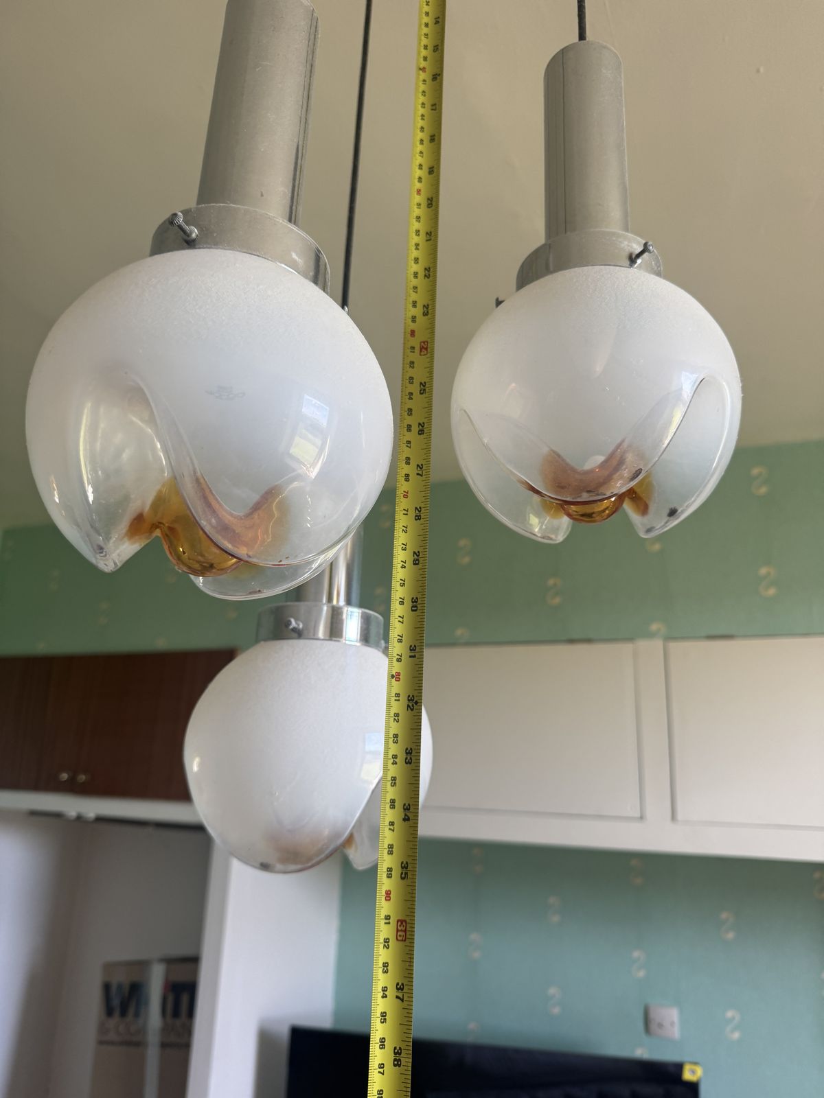 Murano Mazzega Opaline Murano Glass ‘Tulip’ Shades Pendant With Amber Centres   Vintage 1970s photo Lighting
