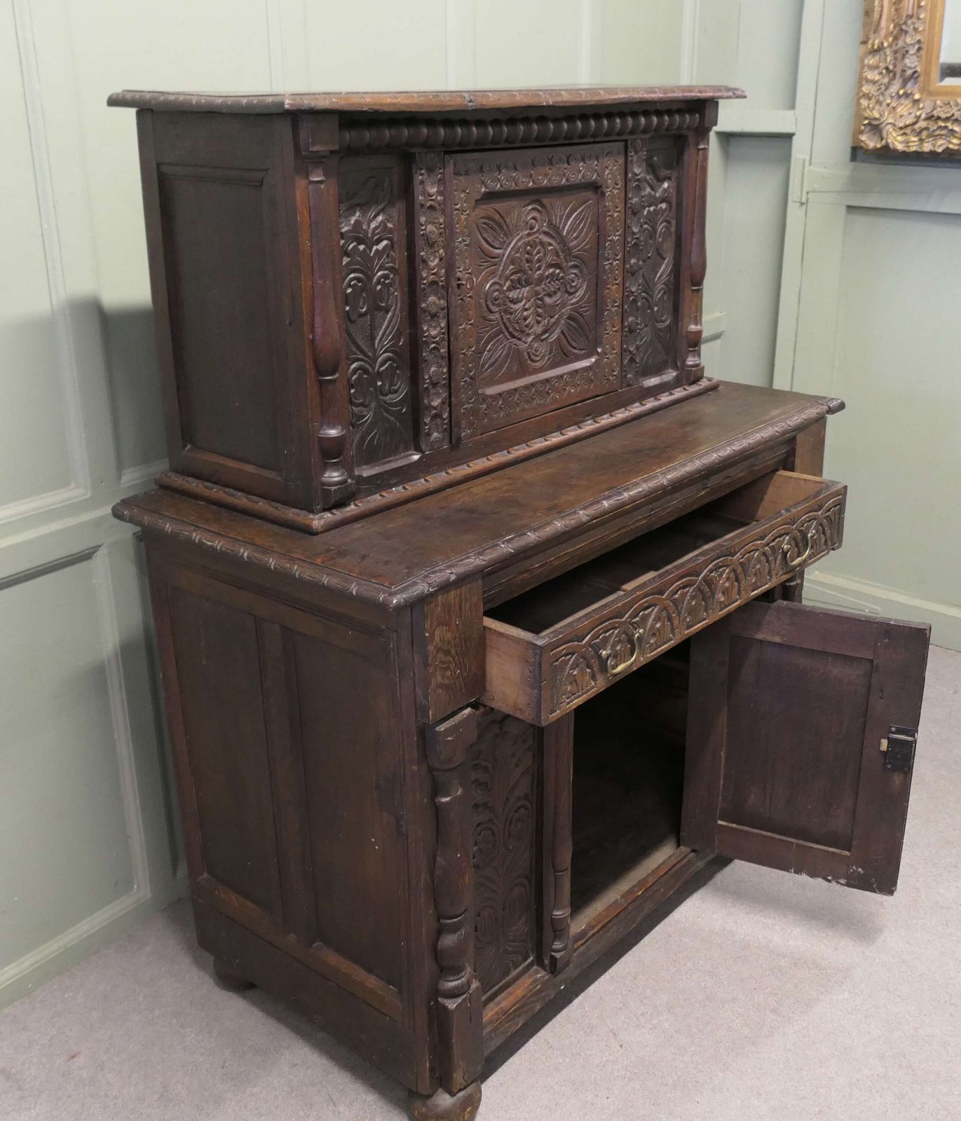 17th Century Carved Oak Court Cupboard, Cottage Livery Cupboard photo for sale