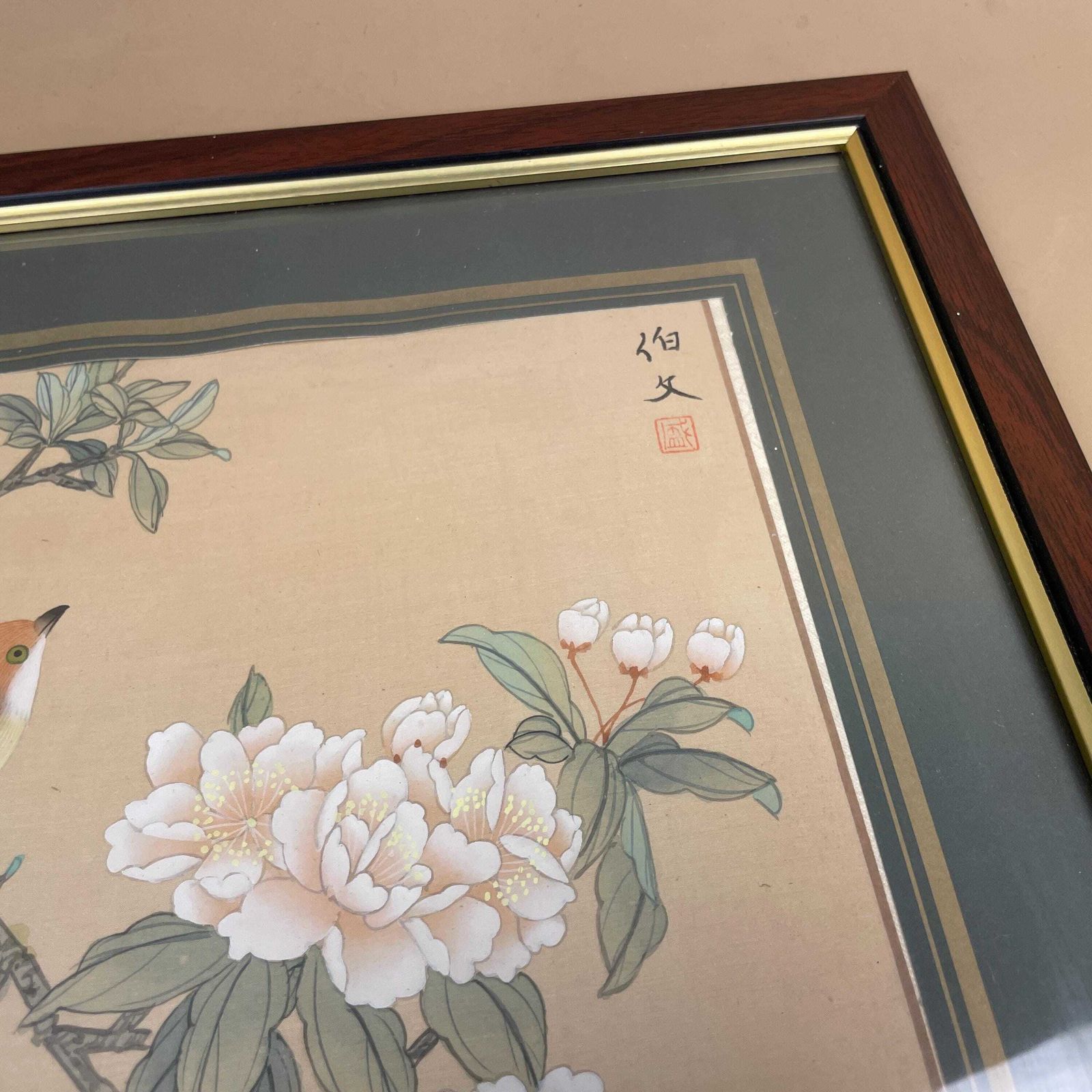 Chinese Silk Bird Flower Framed Art Painting Wood Frame Blue Floral Picture Oriental Wall Decor Asian Hand Painted On Silk photo Art