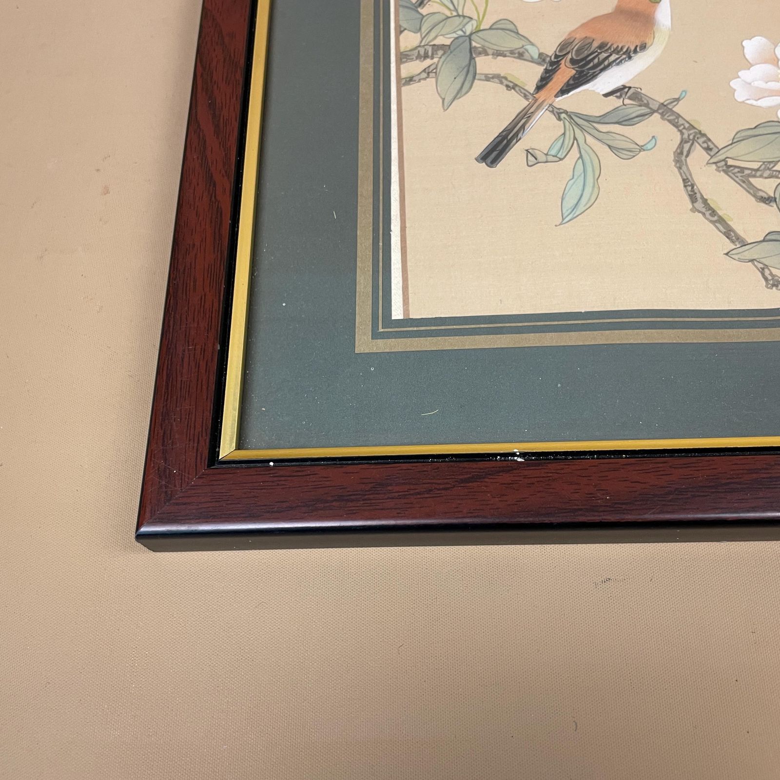 Chinese Silk Bird Flower Framed Art Painting Wood Frame Blue Floral Picture Oriental Wall Decor Asian Hand Painted On Silk photo 55.0