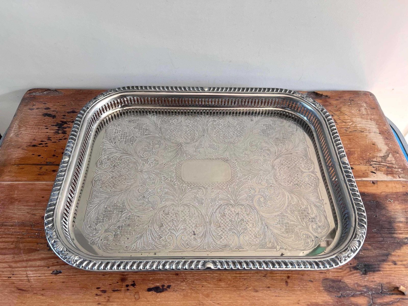 Large 18.5" Vintage Butler Cavalier Gallery Tray – English Silver Plated Serving Platter, Pierced Rim & Etched Scrollwork, Made In England