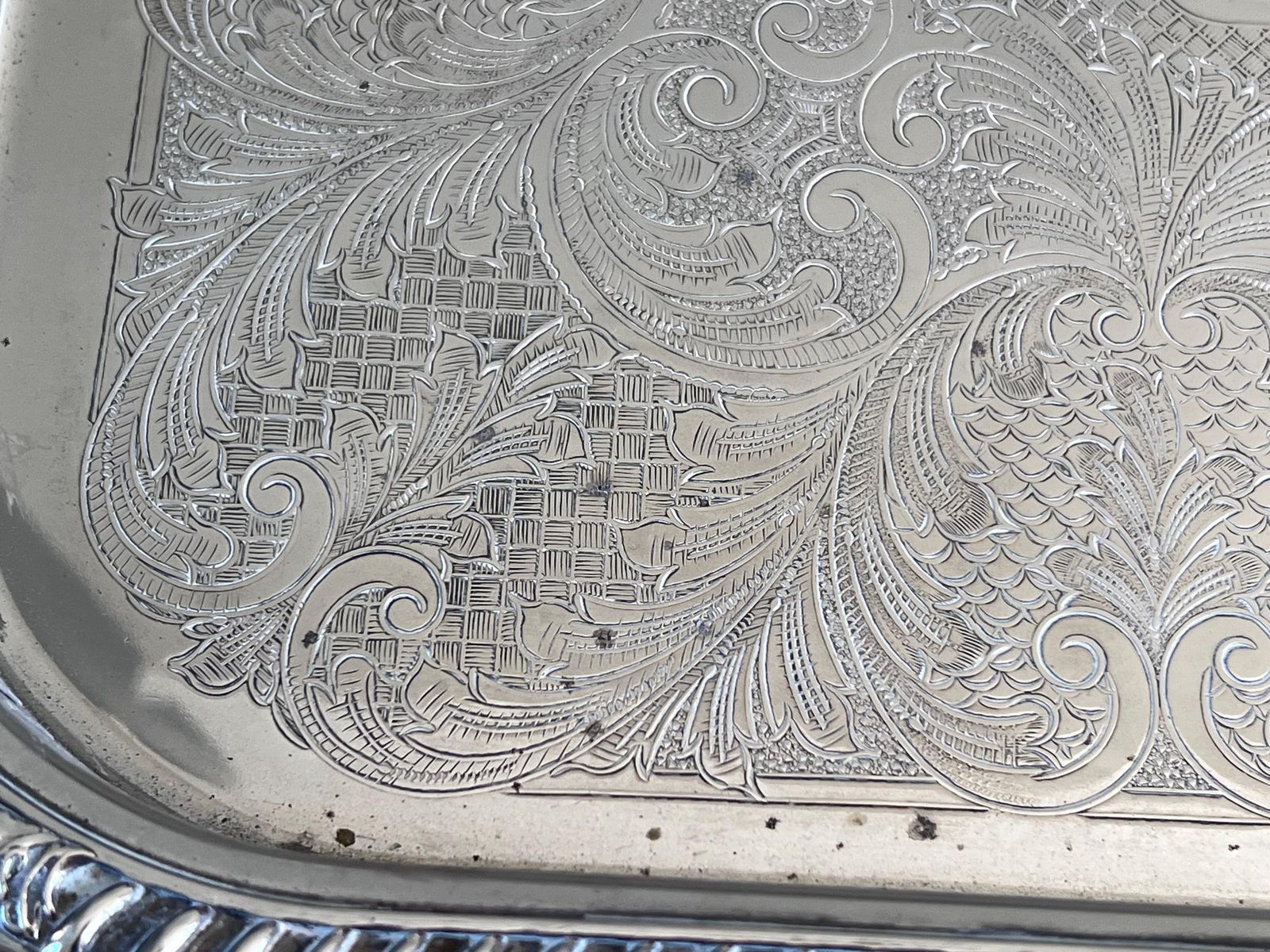 photo furniture Large 18.5" Vintage Butler Cavalier Gallery Tray – English Silver Plated Serving Platter, Pierced Rim & Etched Scrollwork, Made In England