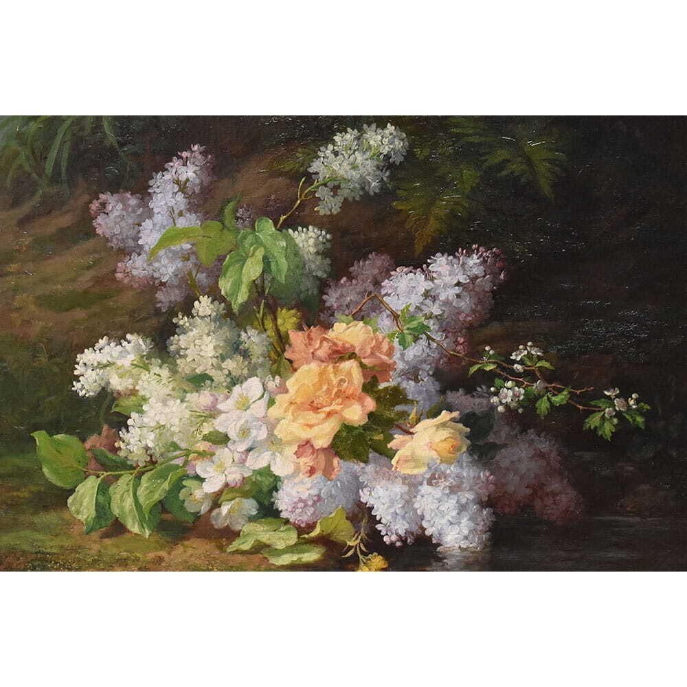 Floral Still Life With Roses And Lilac, Antique Paintings,Flowers, Oil On Canvas, XIX (Qf734) photo for sale