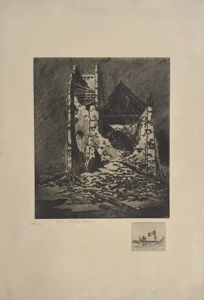 Edmond Perrier   Original Etching Signed 1914 Wwii Church Of Etavigny Marne Ruin