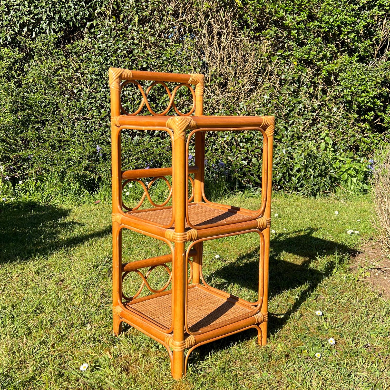 Vintage Bamboo Rattan Cane Bedside Table Stand, Boho Tiki Plant Stand Three Tier Side Table photo furniture
