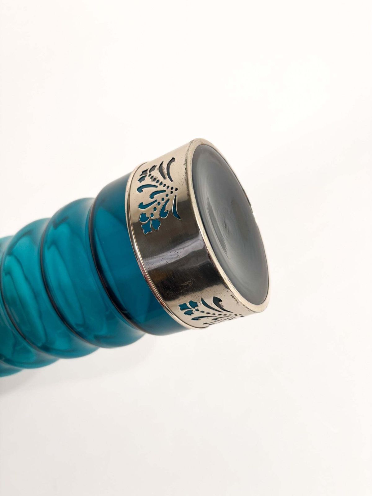 photo furniture Cylindrical Vase In Blue Glass And Silver Metal, 1970s