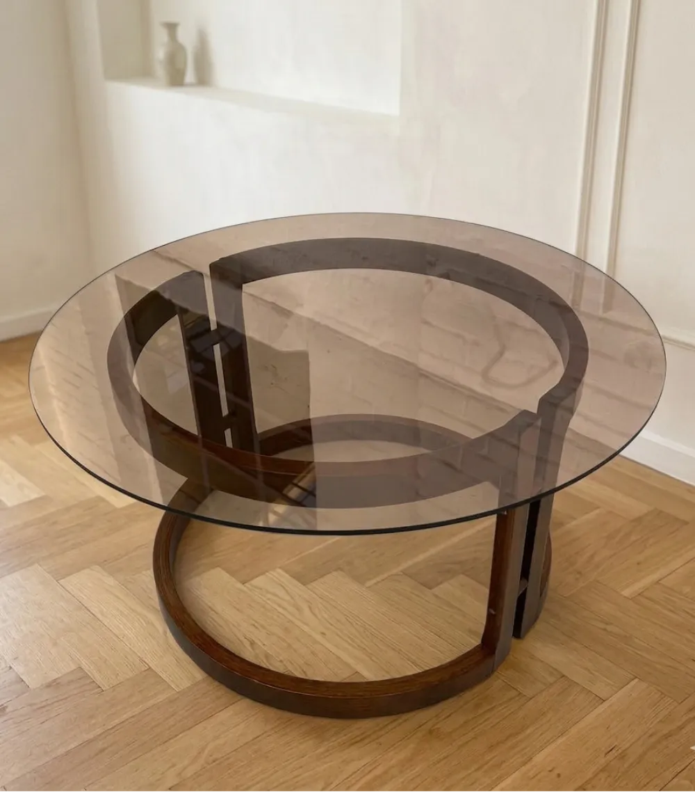 1970s Vintage Round Coffee Table With Smoked Glass Top photo Furniture
