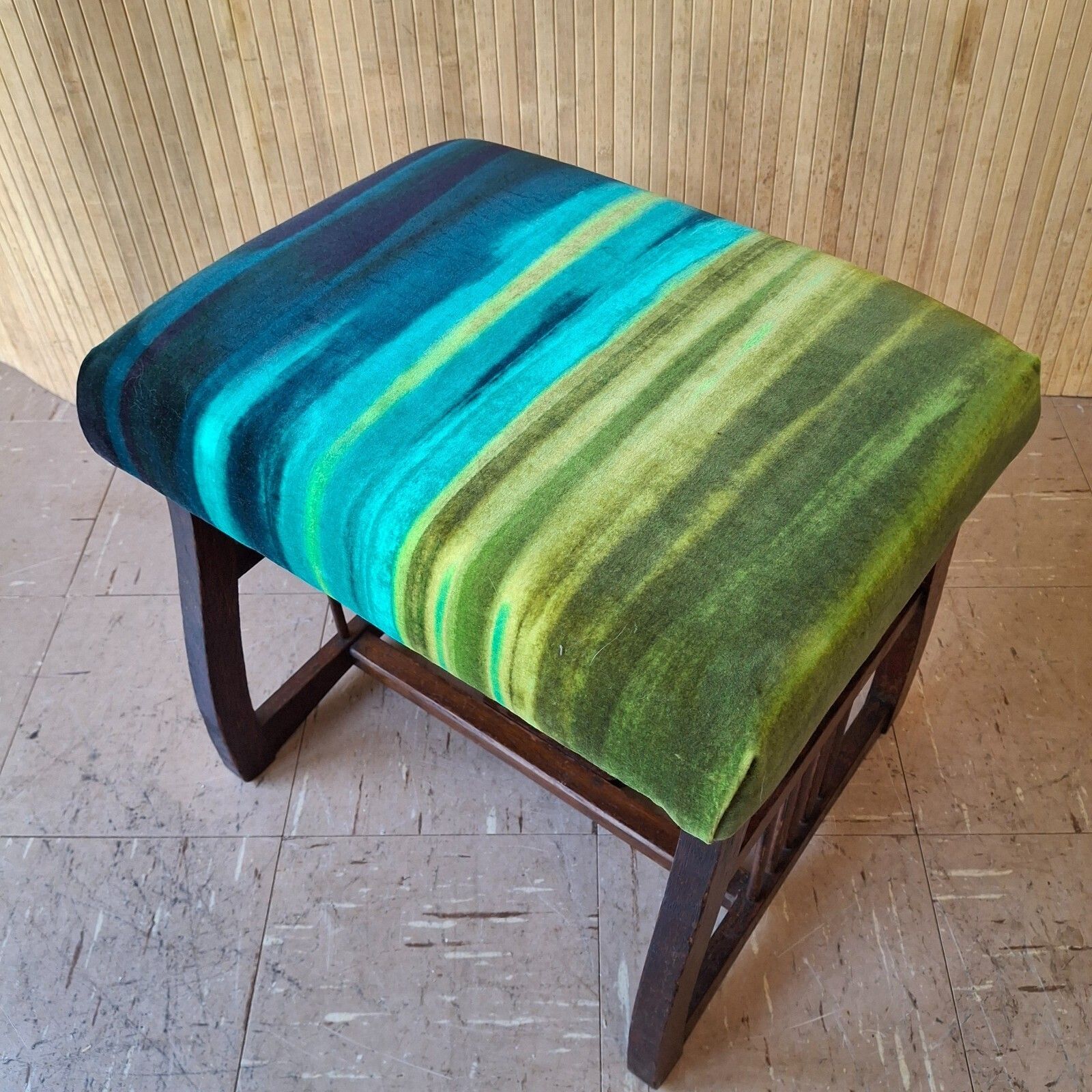 Fab Antique Dark Oak Piano Dressing Stool Blue Green Ombre Velvet photo vinterior