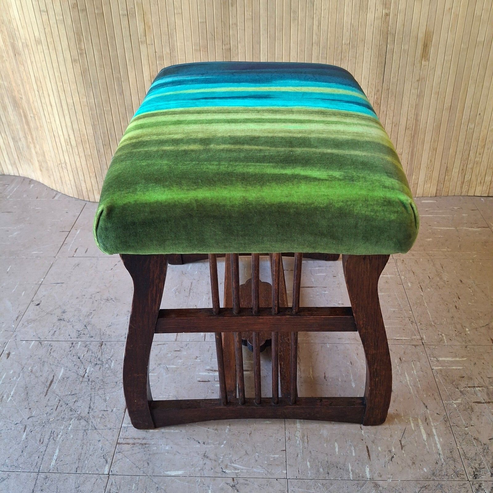 Fab Antique Dark Oak Piano Dressing Stool Blue Green Ombre Velvet photo vintage
