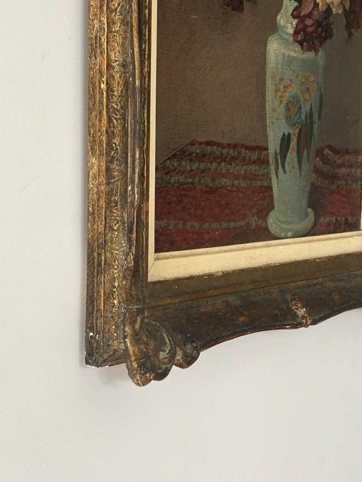 Floral Still Life Painting In Ornate Gilded Frame, Belgian Antique Romantic Cottage Wall Art, Classic Vase With Flowers photo vinterior