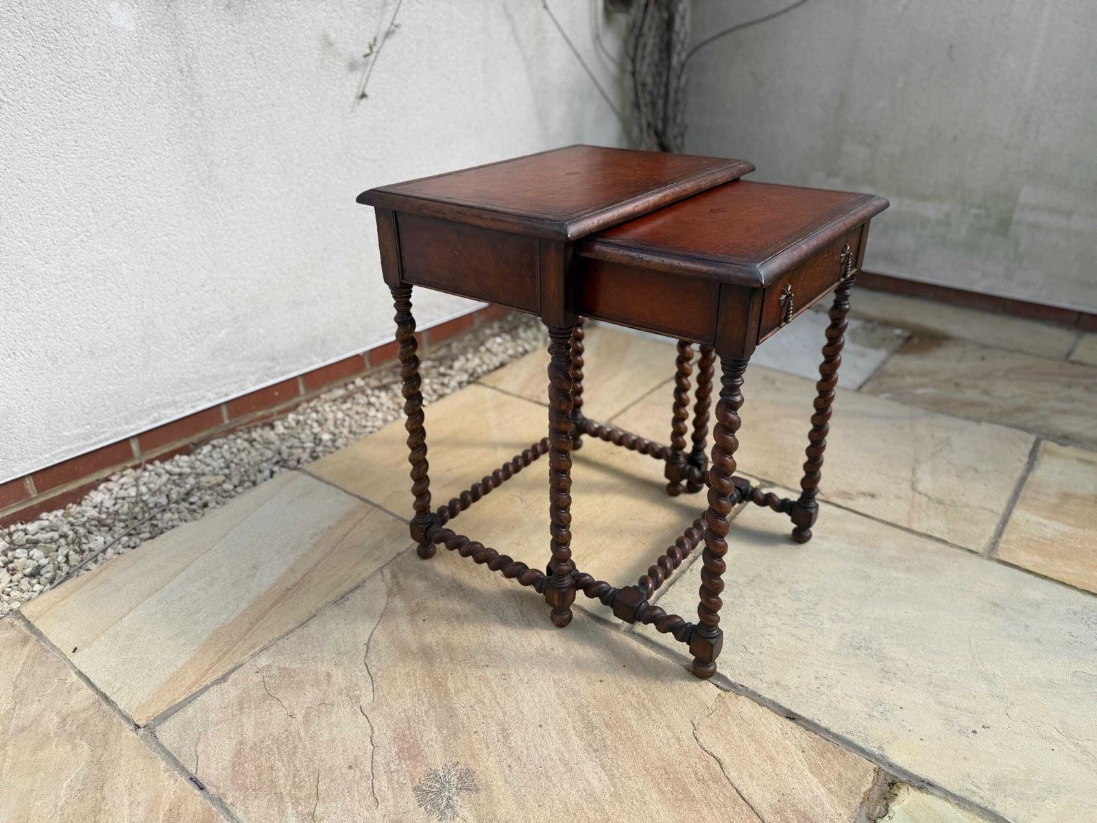 Furniture Jonathan Charles/Harrods Walnut Barley Twist Nest Of Two Tables With Leather Inset And Single Drawer To Small Table photo