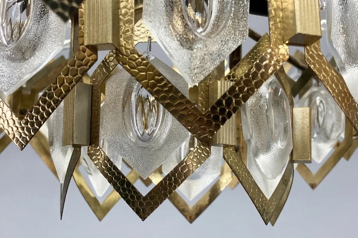 Faceted Glass Chandelier Brass Jaroslav Bejvl Kamenický šenov 1960s Czechoslovakia photo 1485.0