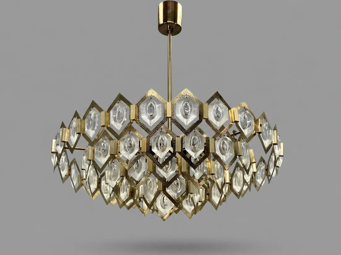 Faceted Glass Chandelier Brass Jaroslav Bejvl Kamenický šenov 1960s Czechoslovakia photo buy