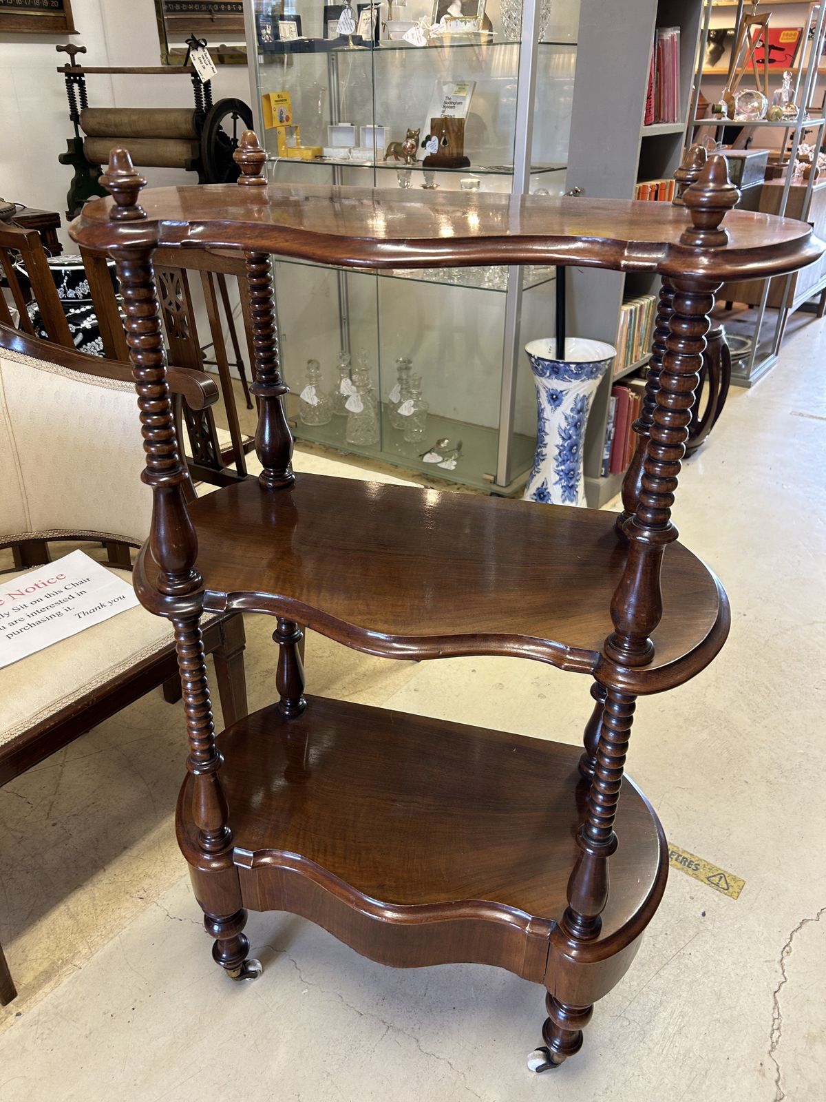 Antique Mahogany 3 Shelf What Not With Drawer On Castors