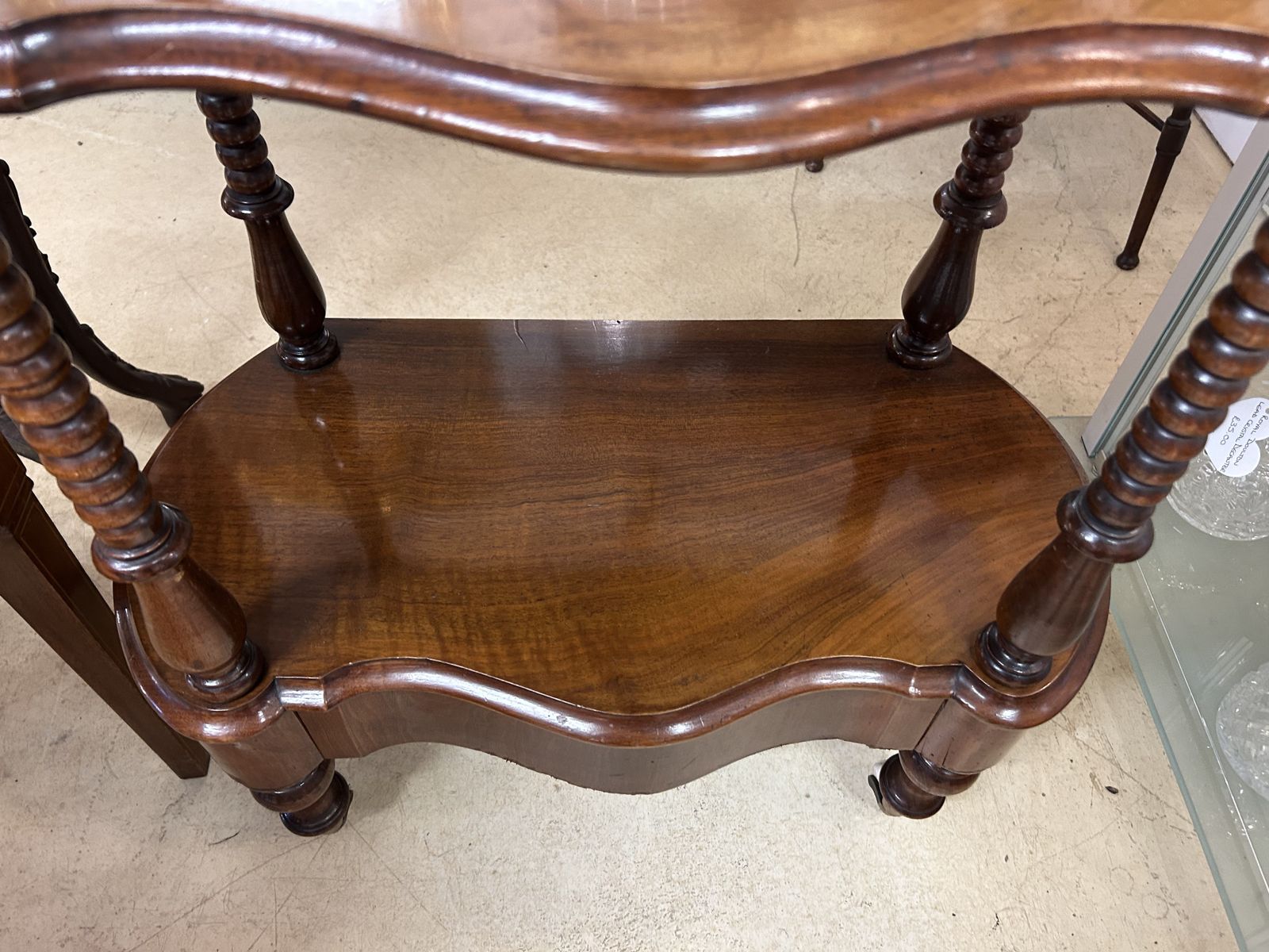 245.0 Antique Mahogany 3 Shelf What Not With Drawer On Castors photo