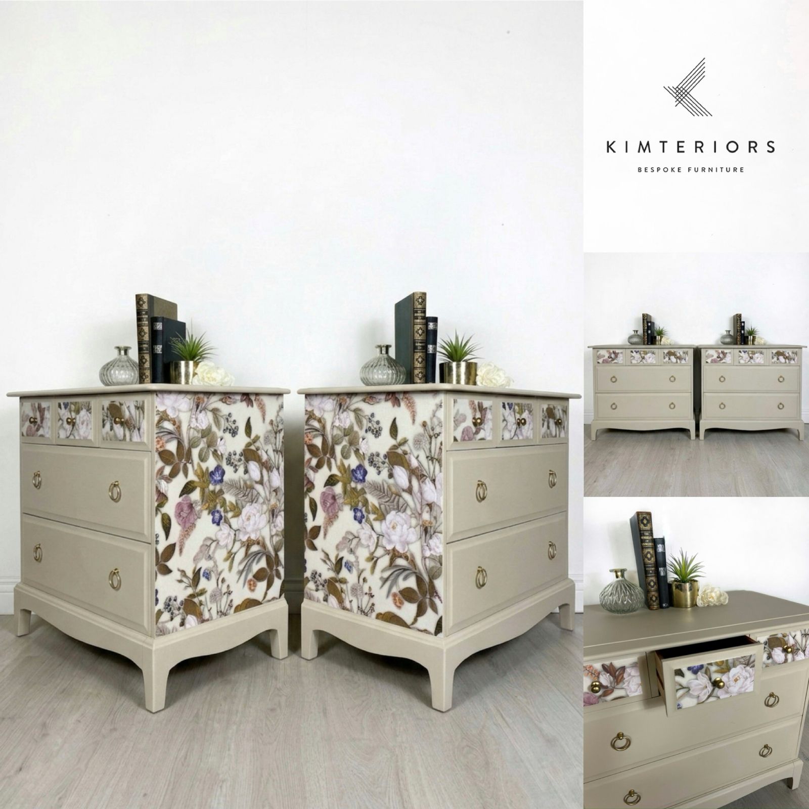 Stag Floral Neutral Oversized Bedside Cabinets | Vintage Pair Uk