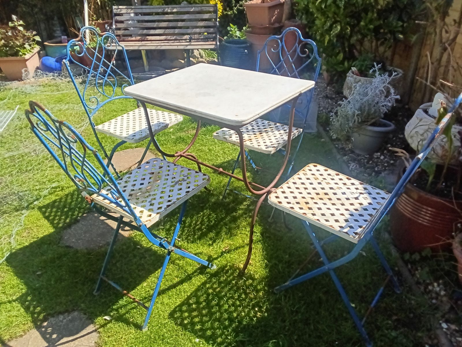 Vintage Set Of 4 French Folding Bistro Chairs With French Wrought Iron Marble Top Side Table. photo 375.0