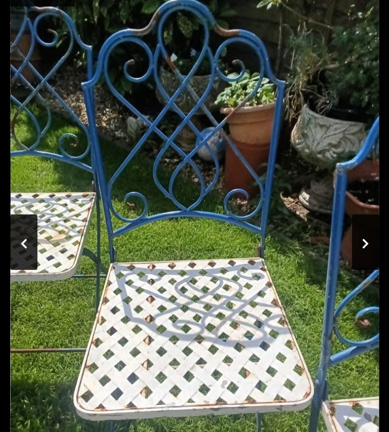 Vintage Set Of 4 French Folding Bistro Chairs With French Wrought Iron Marble Top Side Table. photo vintage