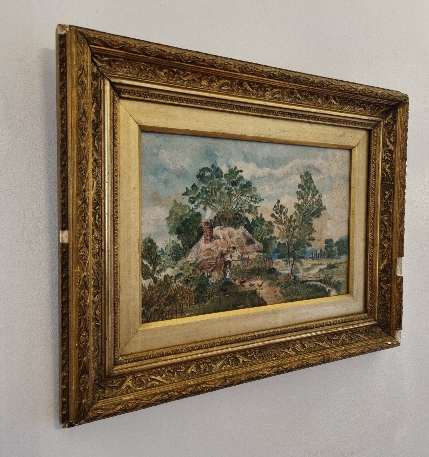 Vintage Early 20th Oil Painting Cottage Farm Landscape Antique Gilt Framed photo Art